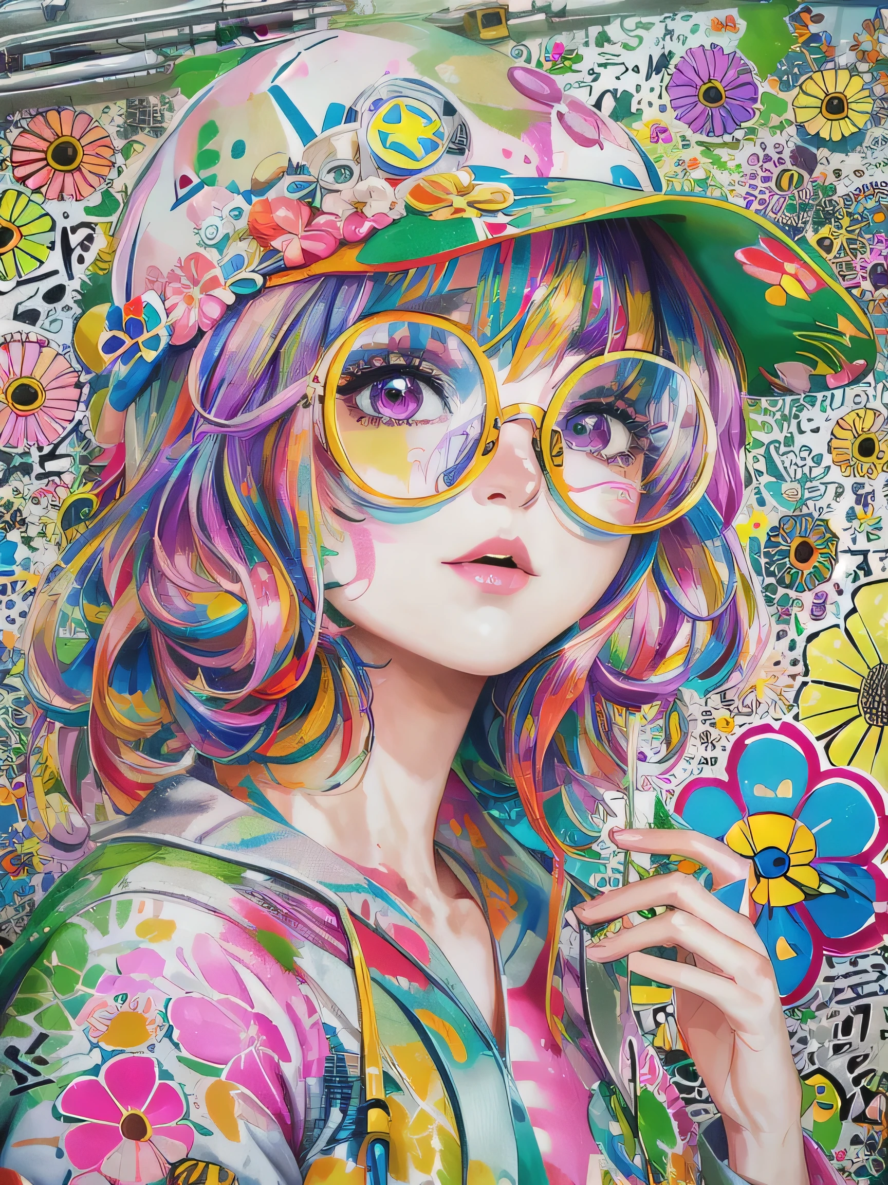 Takashi Murakami style、8K quality, watercolor painting, stylish design, (((The strongest beautiful girl of all time))), (((Japanese)))、Idol、Yuriko Yoshitaka、clear, stylish glasses, Fashionable hats, (((highest quality))), bob hair, put your hand on the wall, HDR, ((Detailed details)), stylish fashion, detailed clothing texture, (((graffiti art))), colorful hair, ((masterpiece))、((Super detailed))、colorful flowers