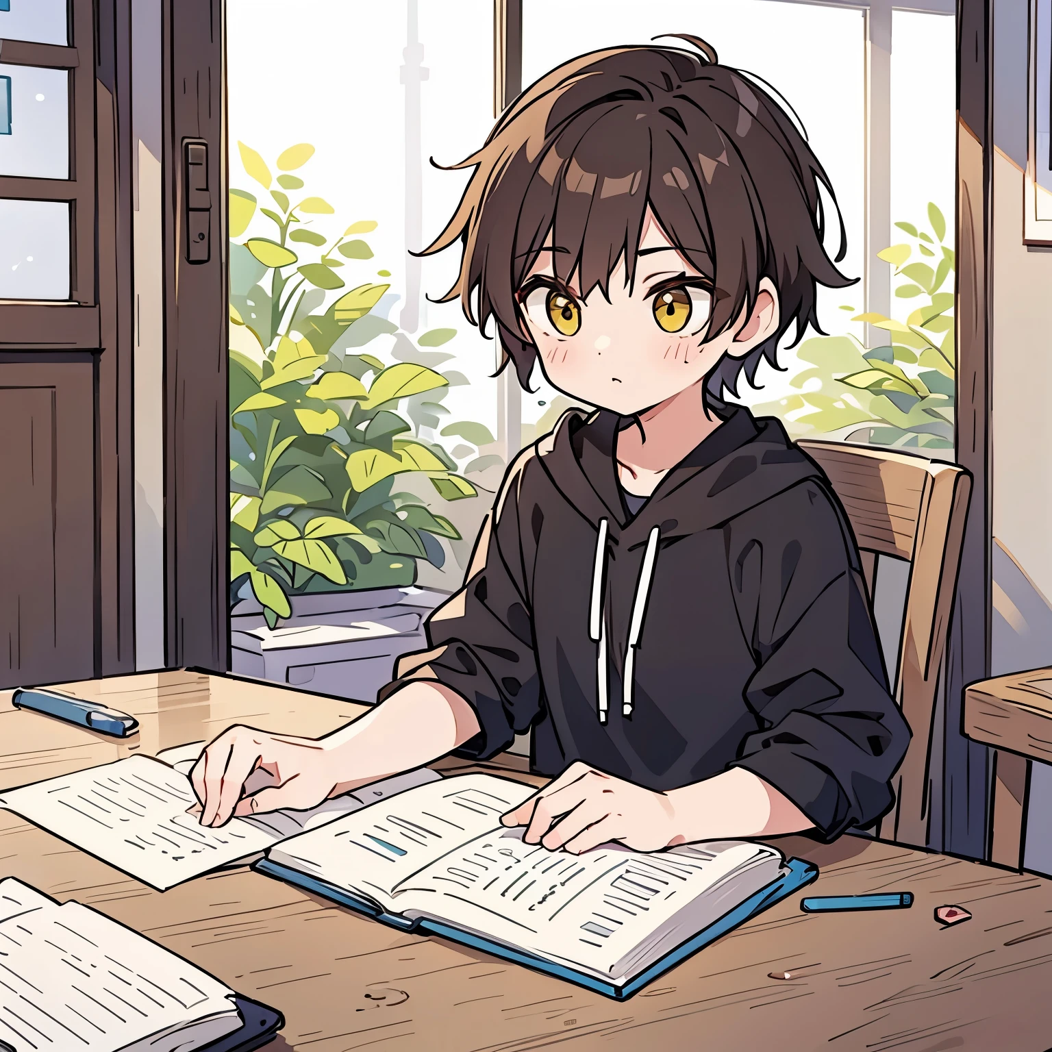 A boy with short hair a color between brown and yellow、studying
