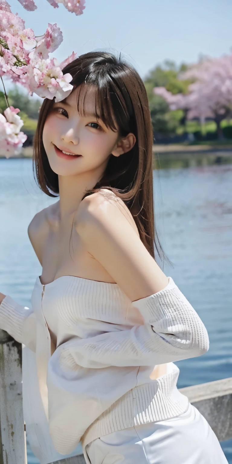 masterpiece,real photos,(solo) Real light and shadow,HDR backlight,Contour light,Shallow depth of field,reddish brown long straight hair,Elegant Chinese beauty,smile,Dancing by the lake, Wearing a strapless cardigan dress,The light reflects on her skin,The breeze blew her face,Surrounded by cherry blossom trees,petals flying everywhere,The skirt is flying and rhythmic,taking photos by Fujifilm high-grain 400 film, wild-angle view