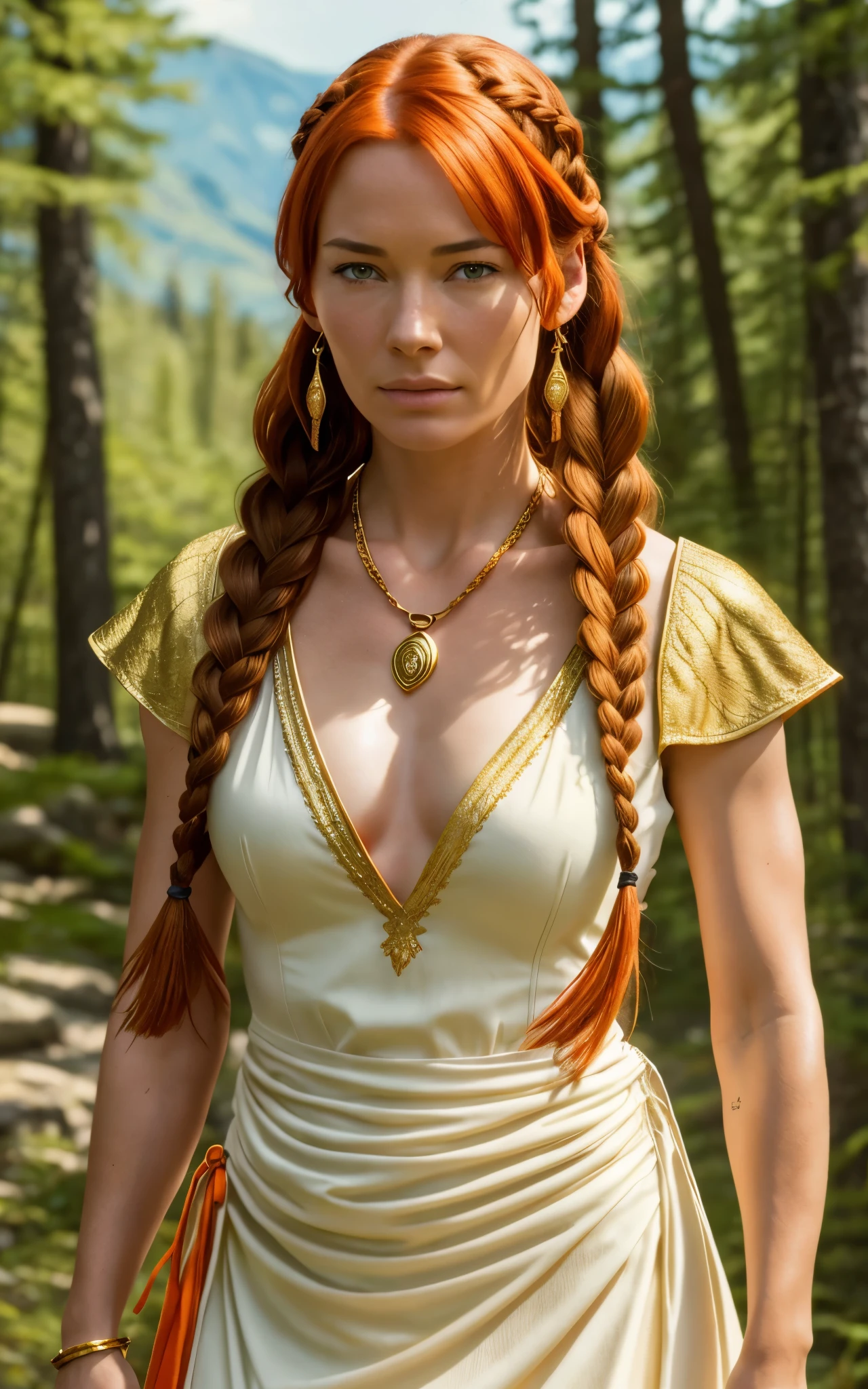 Viking woman, huge breasts, viking garb, hyper detailed, ultra sharp, long auburn hair in braids, 8k, (insanely detailed:1.5), full body photograph, 20 megapixel, canon eos r3, detailed skin, pale skin, freckles, glowing magical pendant, fantasy first background, thong