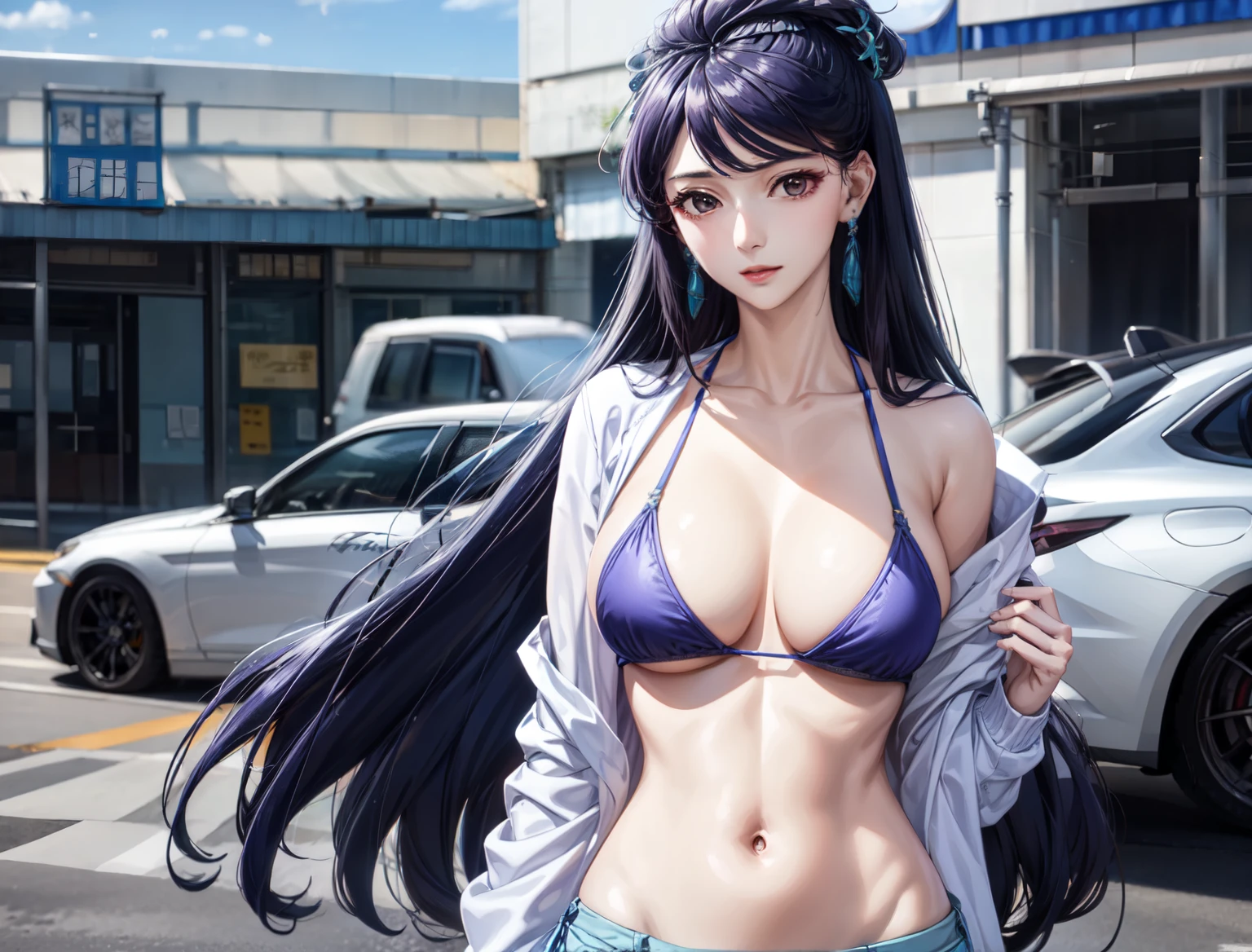 Only one girl is in the picture、big breastedium long hair、purple hair、Polar 