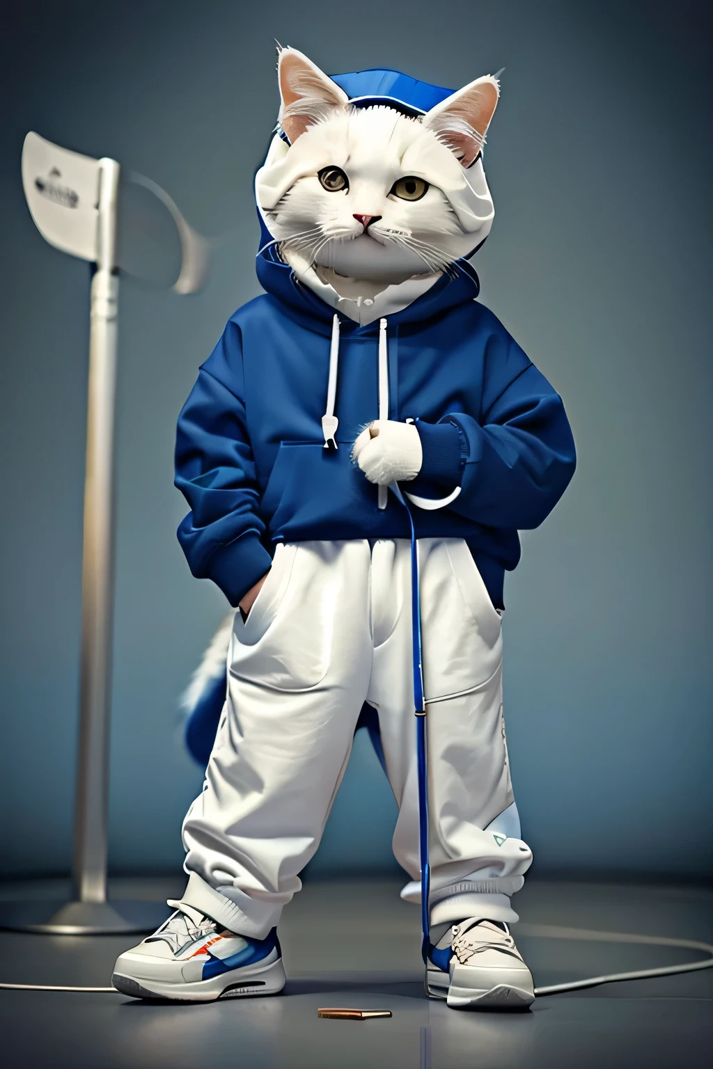 a cute kitten, Wear casual suits，With blue hood, white sneakers, sad expression, Cute digital illustration art, masterpiece, best quality, sad cat, Holding the flag of, There&#39;There&#39;s a microphone next to him, abstract