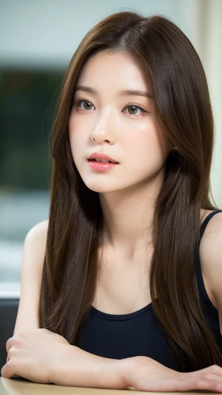 （lively， High resolution：1.3）， 1 Girl with perfect body， very detailed face and eyes，long hair，He rests his chin on his cheek by placing his palm on his cheek.，His body is slightly bent forward and he is thinking deeply.， He is looking at the product with a serious expression and thinking about it.，You can see interest and worries from your facial expressions.，Inside the bright and clean showroom