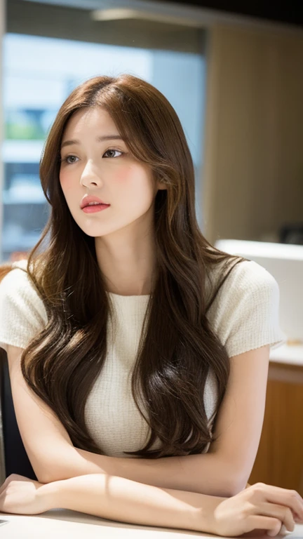 （lively， High resolution：1.3）， 1 Girl with perfect body， very detailed face and eyes，long hair，He rests his chin on his cheek by placing his palm on his cheek.，His body is slightly bent forward and he is thinking deeply.， He is looking at the product with a serious expression and thinking about it.，You can see interest and worries from your facial expressions.，Inside the bright and clean showroom