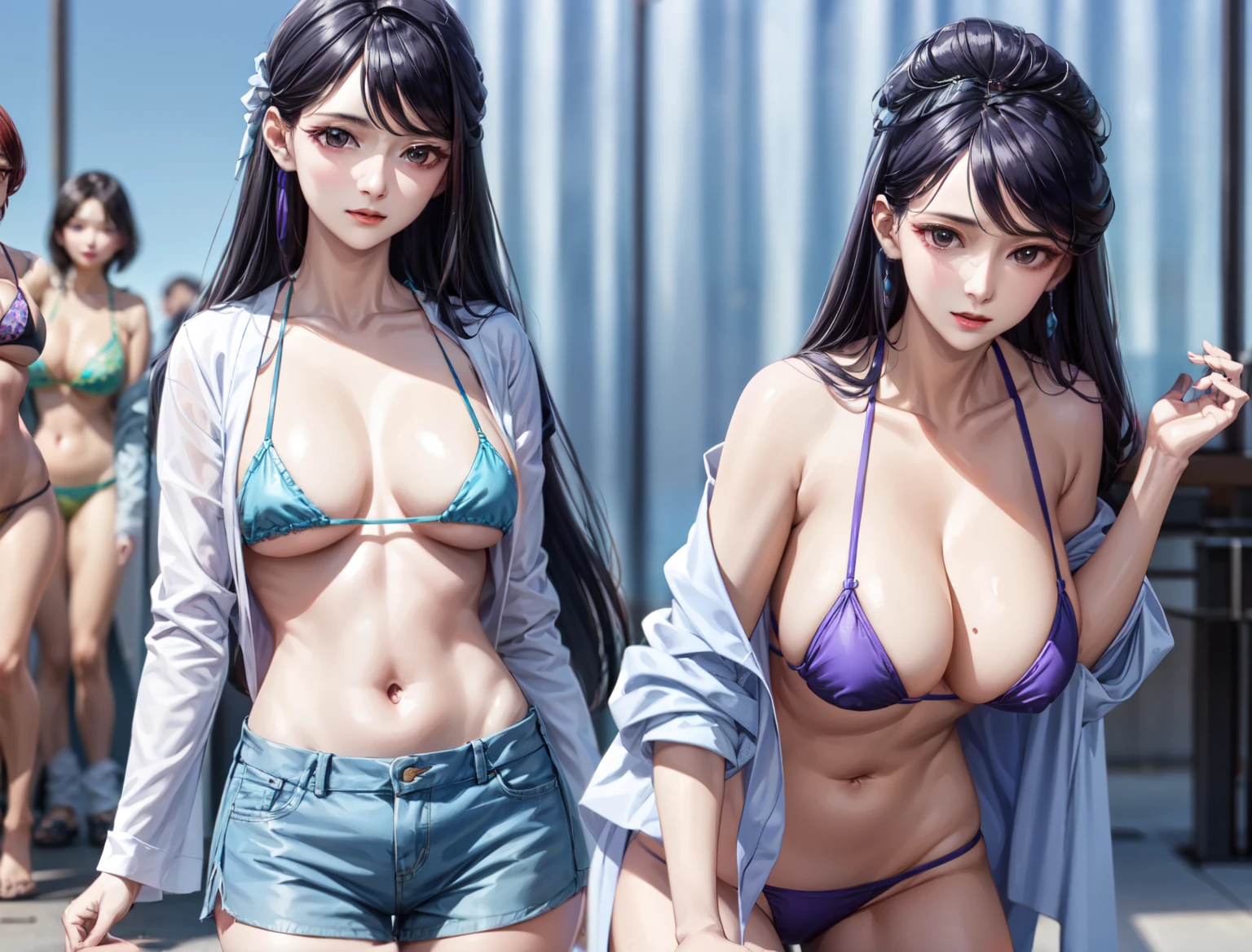 Only one girl is in the picture、big breastedium long hair、purple hair、tiny micro bikini