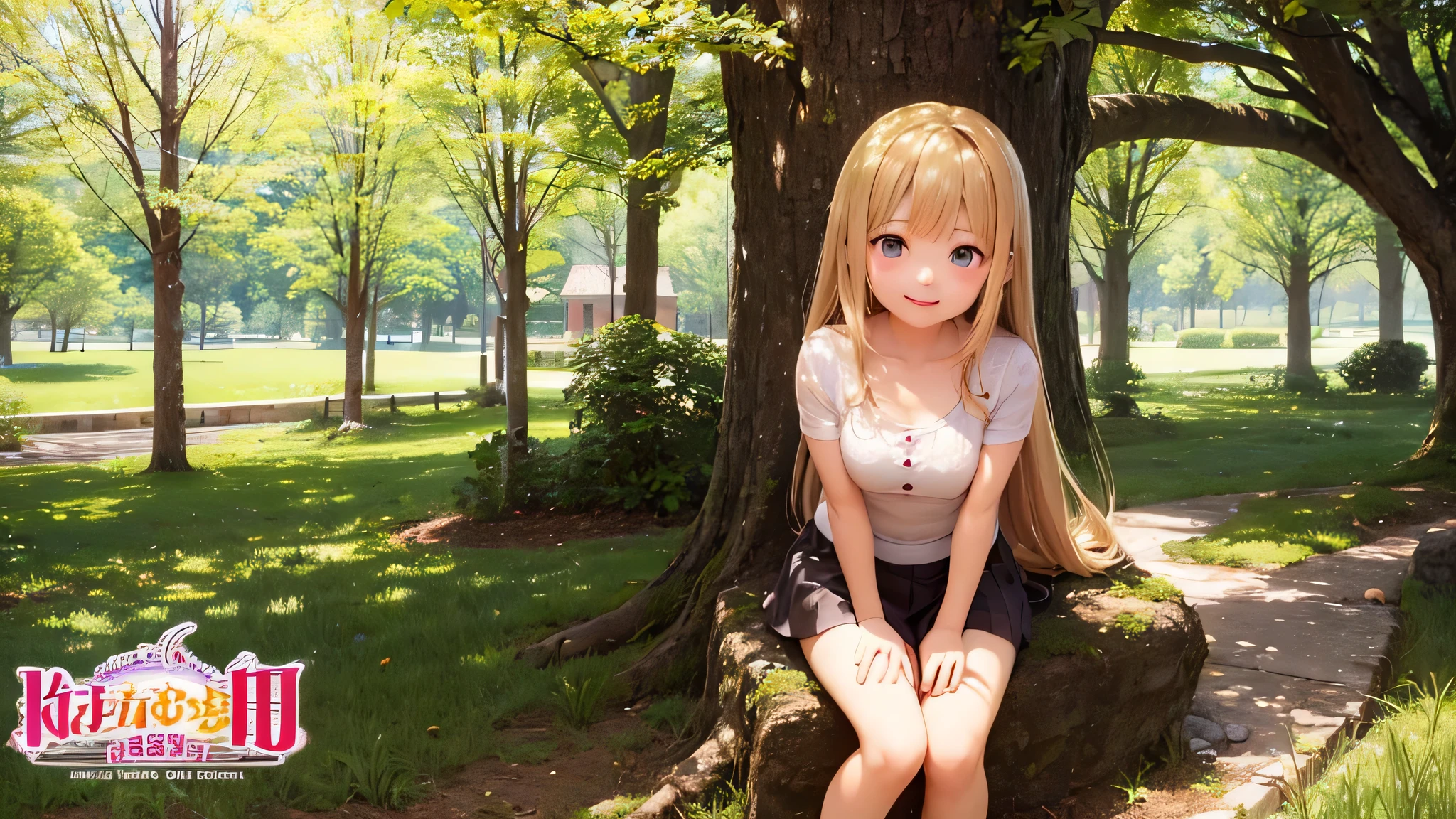 masterpiece, best quality, ultra detailed, intricate details, realistic, (full body:1.3), chibi, 1girl, shiny eyes, watery eyes, surprise, ((front view shot)), ((A very cute girl sitting on floor, and wearing a white bikini in a beautiful park)), ((smug look)), (big breasts :1.4), (open her legs), (a chibi beautiful gorgeous light blonde hair