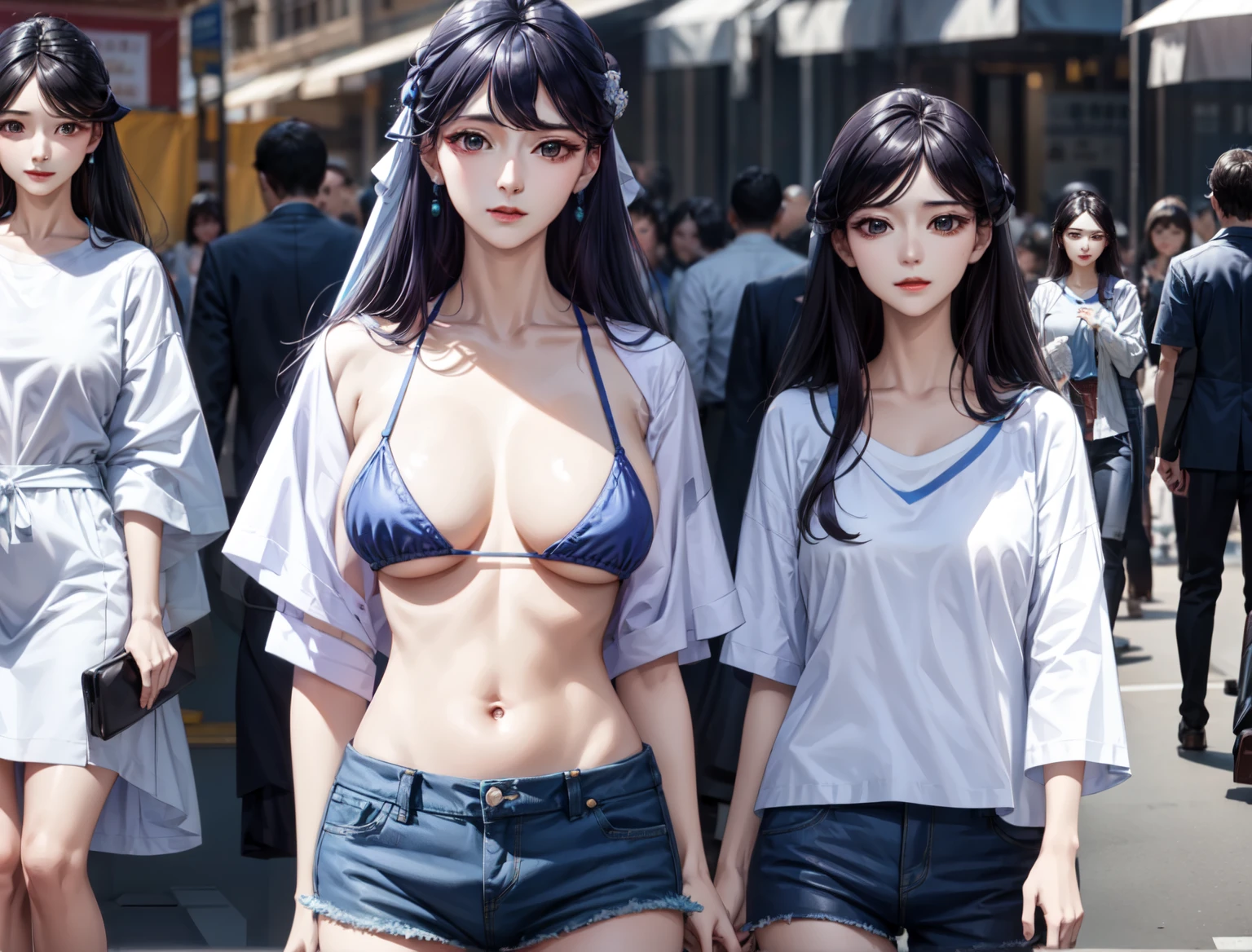 Only one girl is in the picture、big breastedium long hair、purple hair、tiny micro bikini