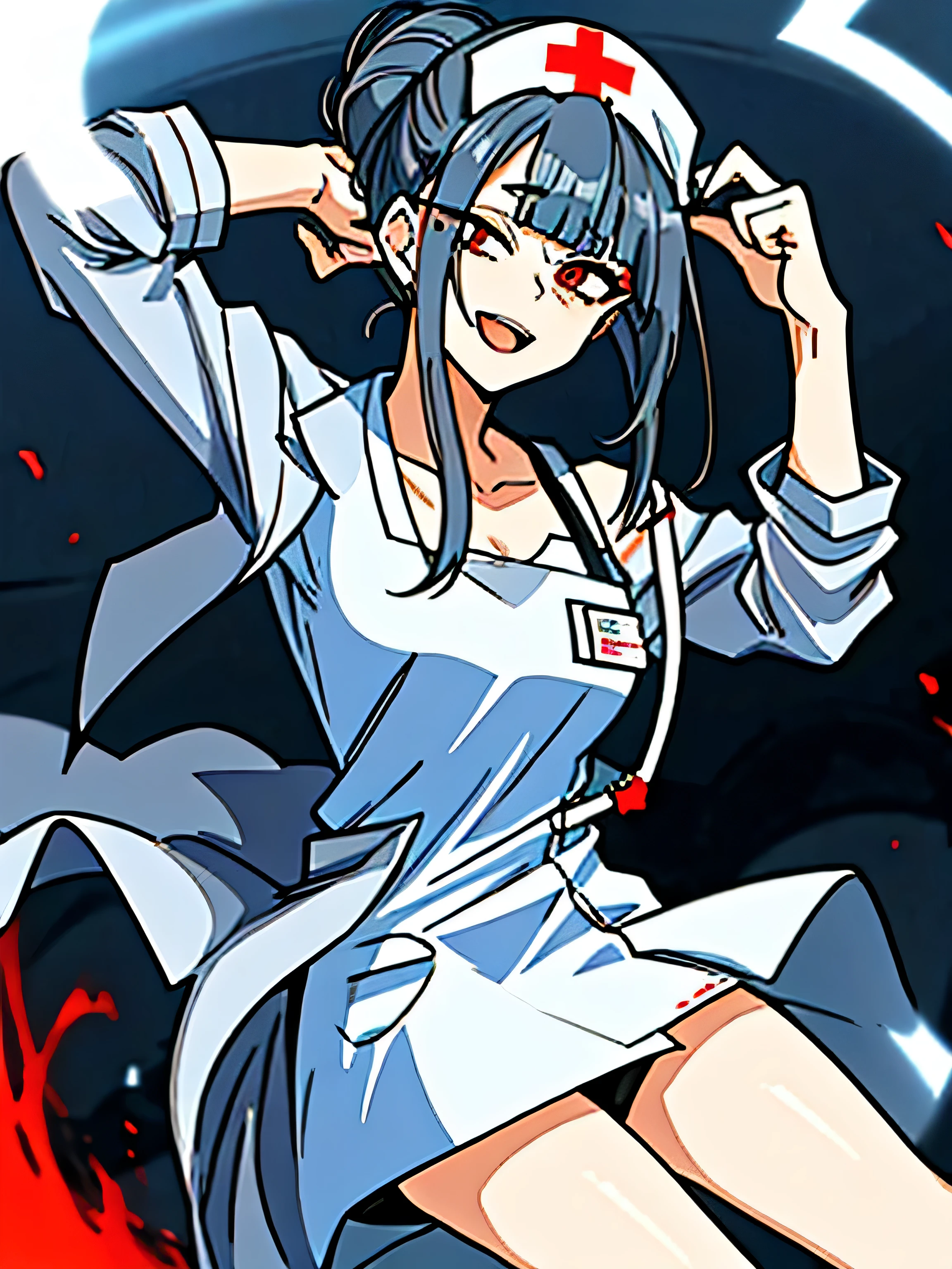 (1girl, solo:1) (masterpiece, best quality:1), ultra-detailed, dark grey hair, red eyes, tied hair, hair bun, nurse headwear, bangs, (asymmetrical fringe, uneven clothes:1.6), (lab coat, lab coat falling over one shoulder open lab coat:1.4), white apron, nurse shirt, light blue gloves, dark blue pants, black boots, drugged, open mouth, smile, (Uneven Eyes / Crazy Eyes :0.7)
