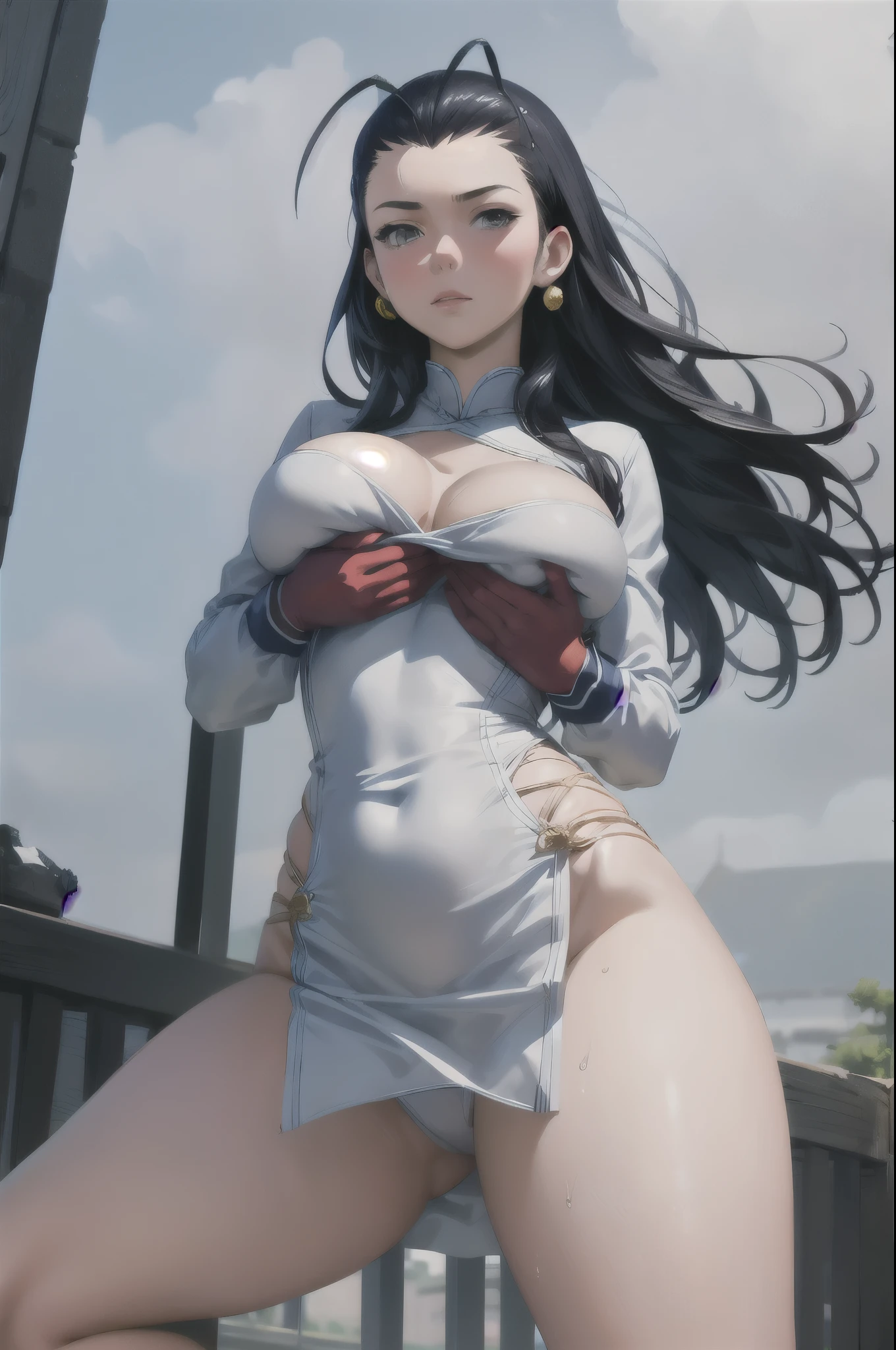 1girl,18yo,perfect hands, perfect finger,perfect anatomy, masterpiece, best quality,realistic, hyperrealistic, 16k hdr,kokouen_wz, black hair, long hair,antenna hair, (red fingerless gloves), see through chinese clothes, (gorgeous china dress:1.1), white dress, ahoge, hair slicked back, magatama earrings, dress, modeling,outdoor,large breasts,sexy pose,from below,sweat,spread legs,standing,(strong wind,BreastLift:1.4),micro panty,red blush