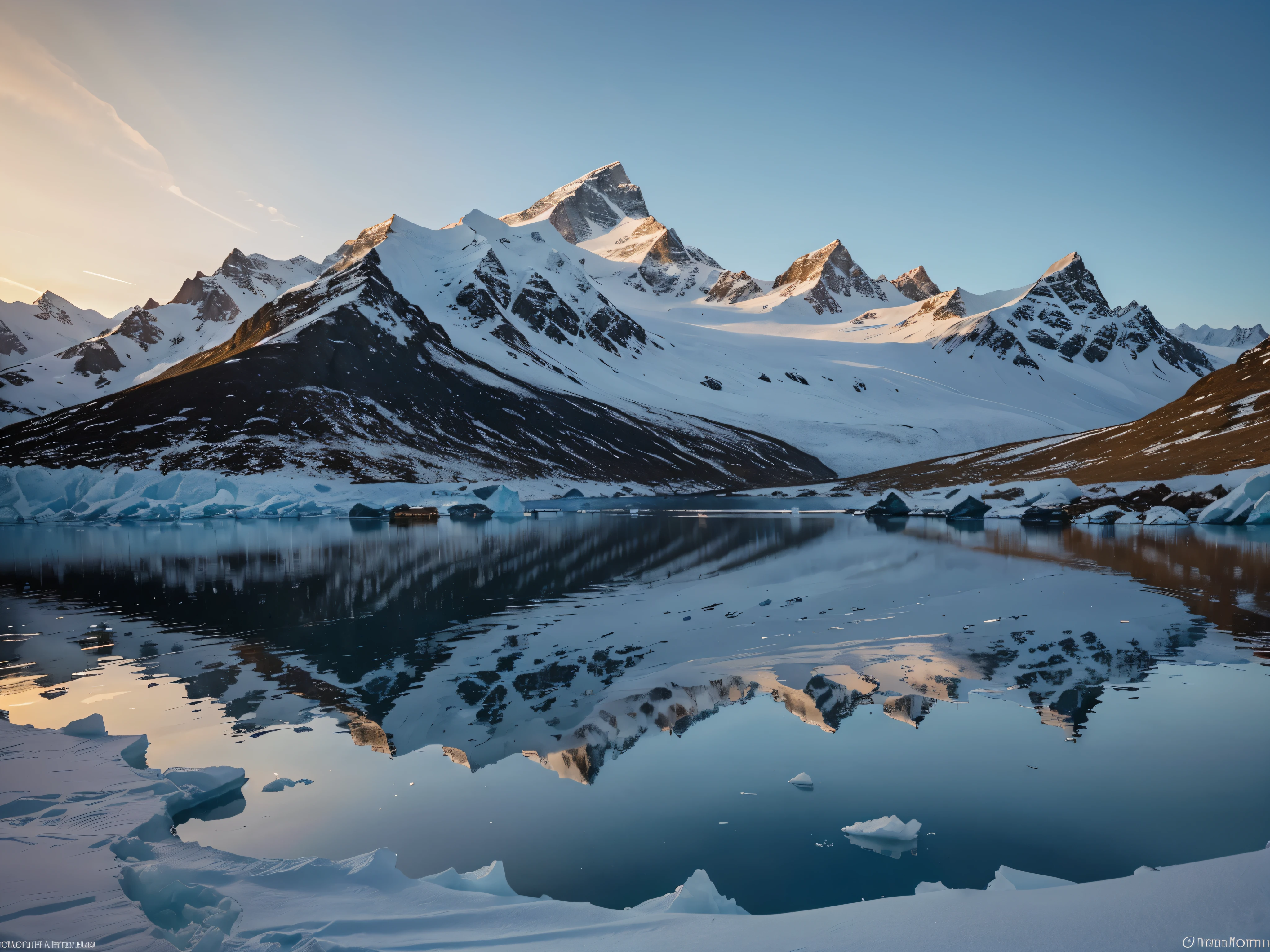 A breathtaking photorealistic cinematic landscape of a serene Antarctic scene at morning light. The image showcases massive icebergs floating in a tranquil lake, their surfaces reflecting the warm, golden light of the setting sun. The sky is filled with soft, pastel hues of pink and orange, while the surrounding snow-capped mountains create a sense of vast, untouched wilderness. The scene is rendered with incredible detail, capturing the beauty and pristine nature of the polar region.