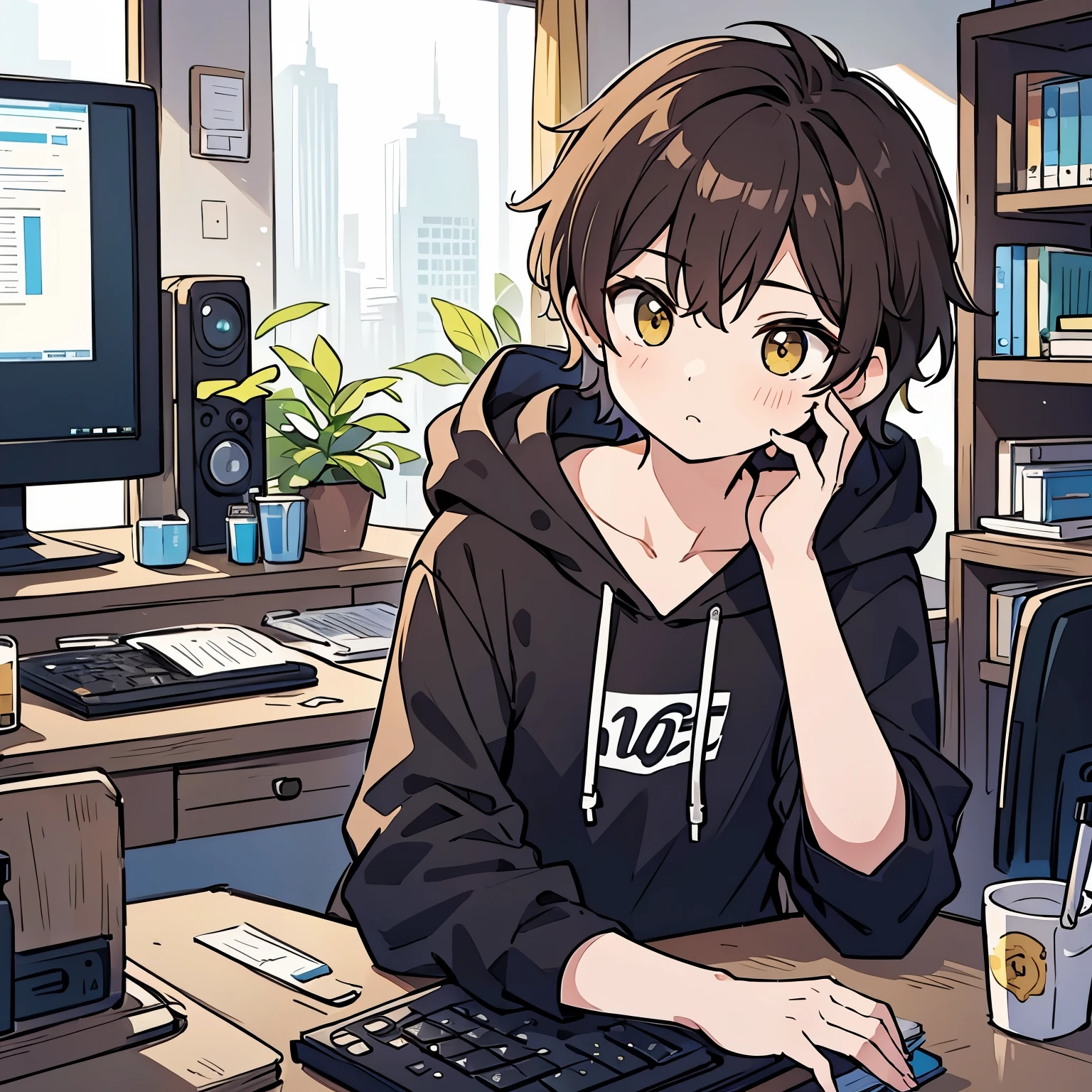 A boy with short hair a color between brown and yellow、black hoodie、((Touching a computer))
