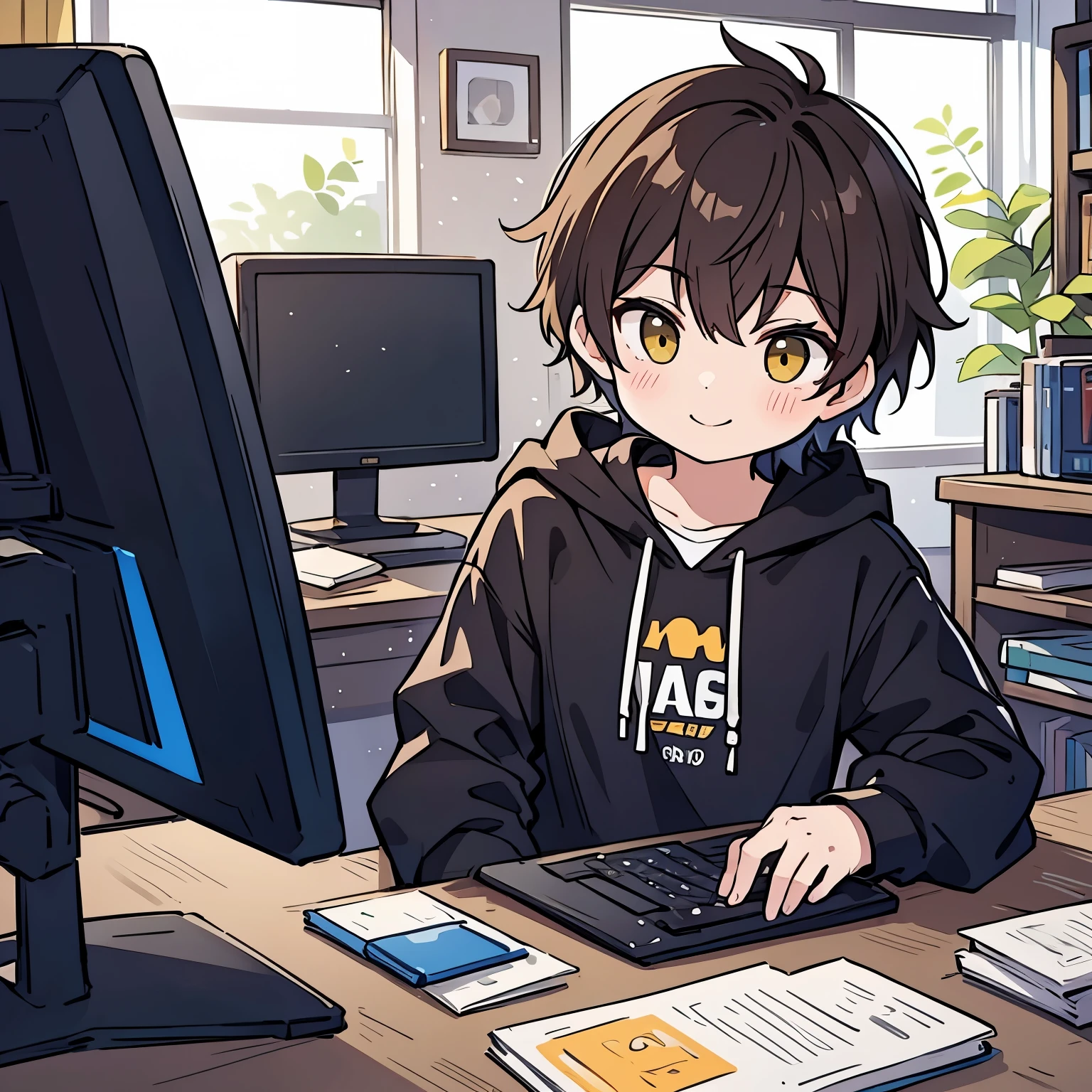 A boy with short hair a color between brown and yellow、smile、black hoodie、((Touching a computer))