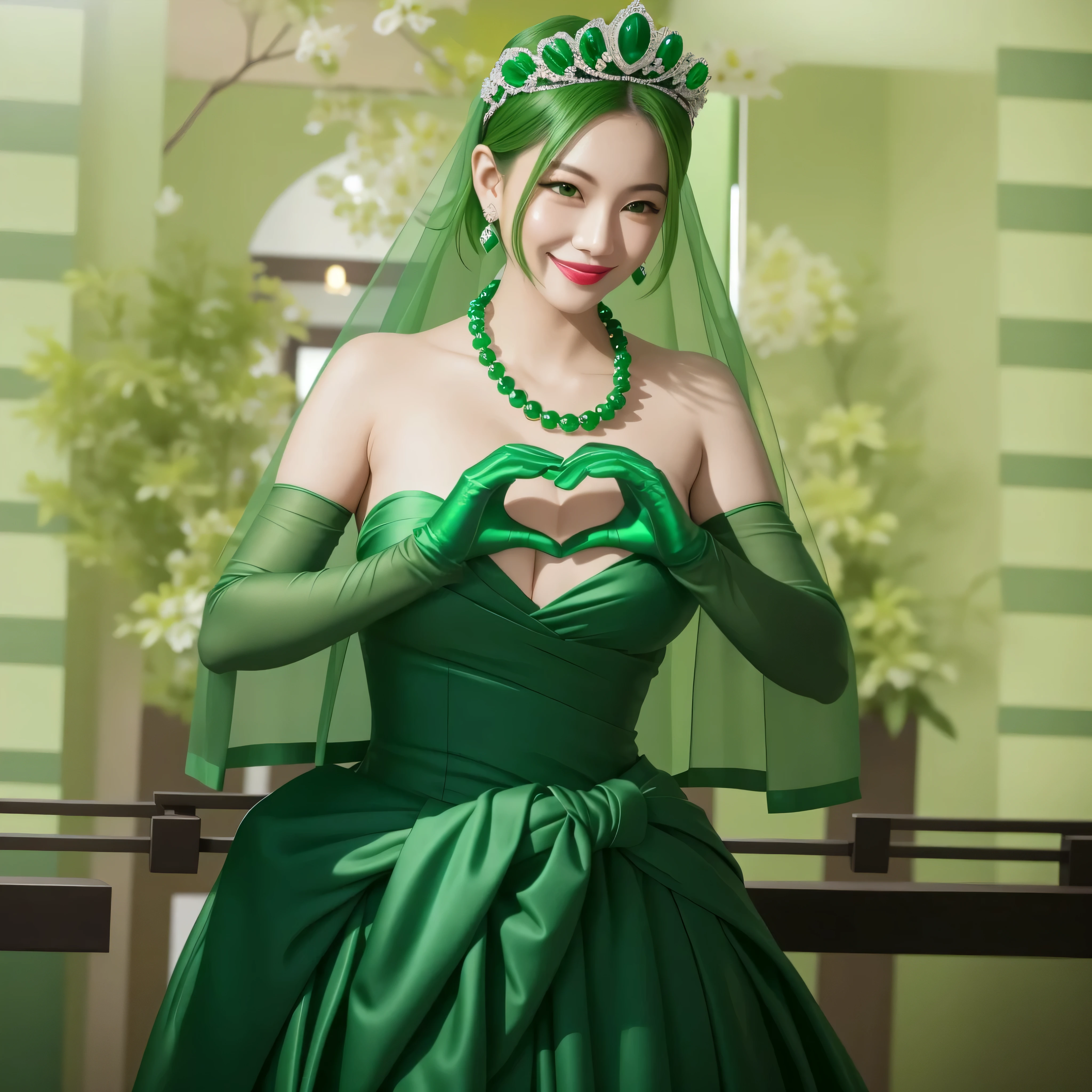 emerald tiara, green pearl necklace, ボーイッシュな非常に短いgreen hair, green lips, smiling Japanese woman, very short hair, Beautiful woman with , green eyes, green satin long gloves, green eyes, emerald earrings, green veil, Heart with both hands, green hair, beautiful japanese woman, heart shaped hands:1.3, green lip gloss