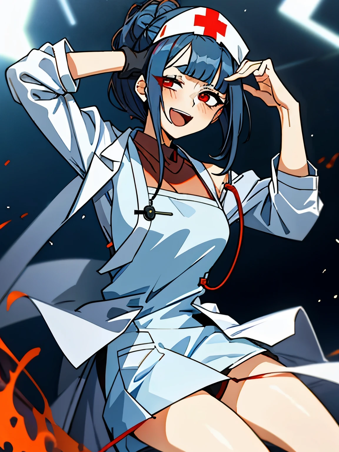 (1girl, solo:1) (masterpiece, best quality:1), ultra-detailed, dark grey hair, red eyes, tied hair, hair bun, nurse headwear, bangs, (asymmetrical fringe, uneven clothes:1.6), (lab coat, lab coat falling over one shoulder open lab coat:1.4), white apron, nurse shirt, light blue gloves, dark blue pants, black boots, drugged, open mouth, smile, (Uneven Eyes / Crazy Eyes :0.7)