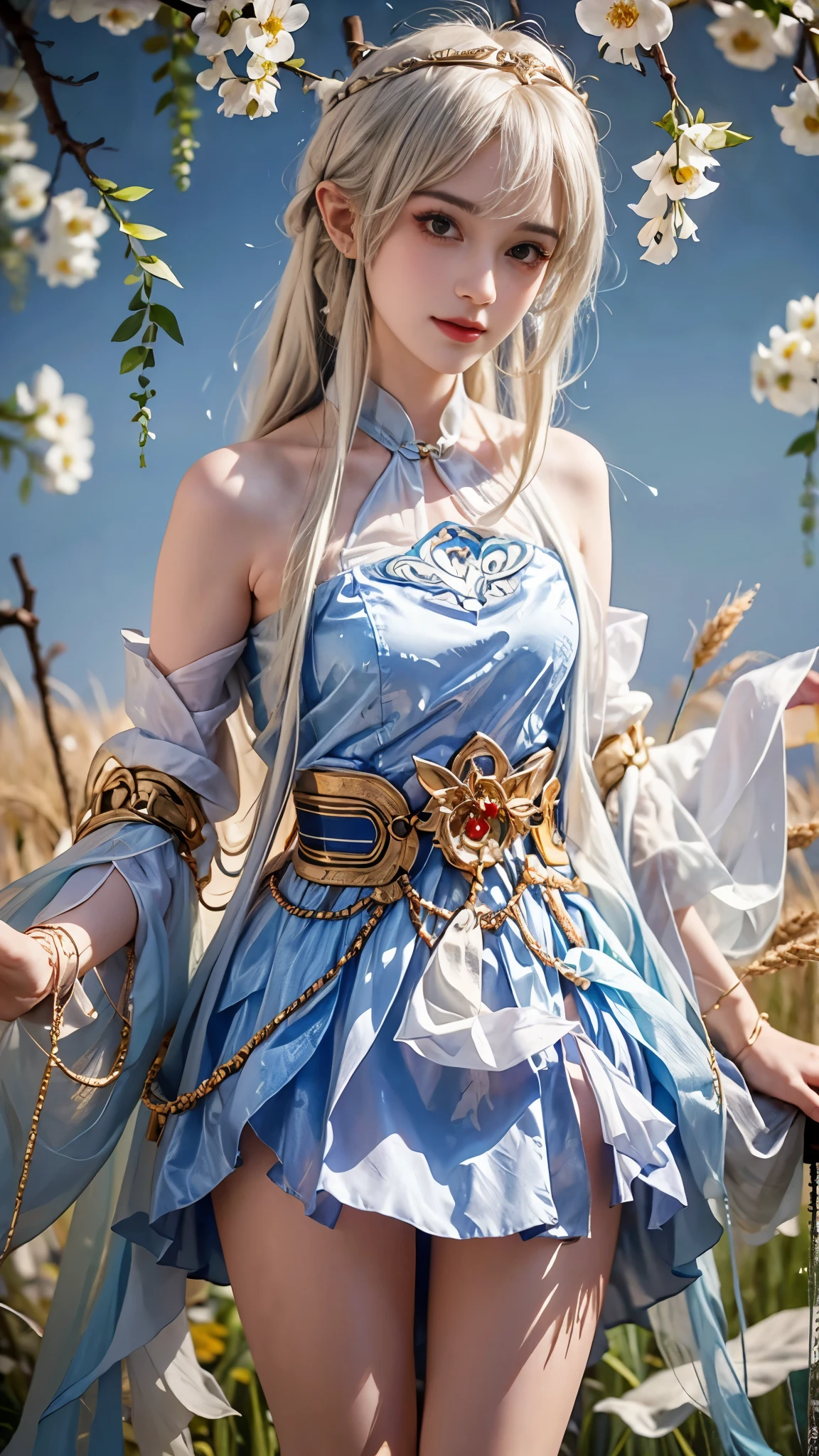 yinziping,china dress, masterpiece，best quality，high质量，high清晰度，high质量的纹理，high质量的阴影，high细节，beautiful details，fine details，Extremely detailed CG，Detailed texture，lifelike的面部表现，lifelike的，rich and colorful，exquisite，sharp focus，(intricate detailake up，PureErosFace_V1:0.5)，(细节美exquisite脸，(细节美exquisite眼睛)，Perfect比例的脸，highDetails of the skin，Details of the skin，Four fingers and one thumb in optimal proportions，emaciated:1.3)，1 girl，17 years old，high，(光滑的abdominal muscles:1.55)，(abdominal muscles:0.5)，pretty，Perfect，high，((bare shoulders)), ((The skirt is short)), (long legs)，(straight legs)，(thin waist)，((White skin))，White skin，((White skin))，(emma watson)，Big breasts，((Caucasian))，light blonde hair，Stand with legs apart，looking at the audience，whole body，Portrait of cute blonde girl，((Standing in the wheat field,Look into the distance))，bloom，orange mist，sports，Wisps of hair，lifelike，high品质渲染，amazing art，high品质，film texture，Fujifilm XT3，dream