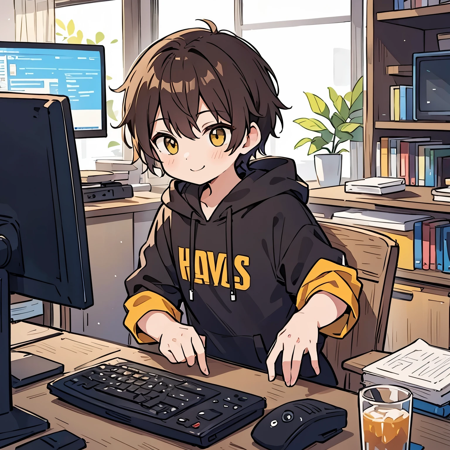 A boy with short hair a color between brown and yellow、smile、black hoodie、((Touching a computer))