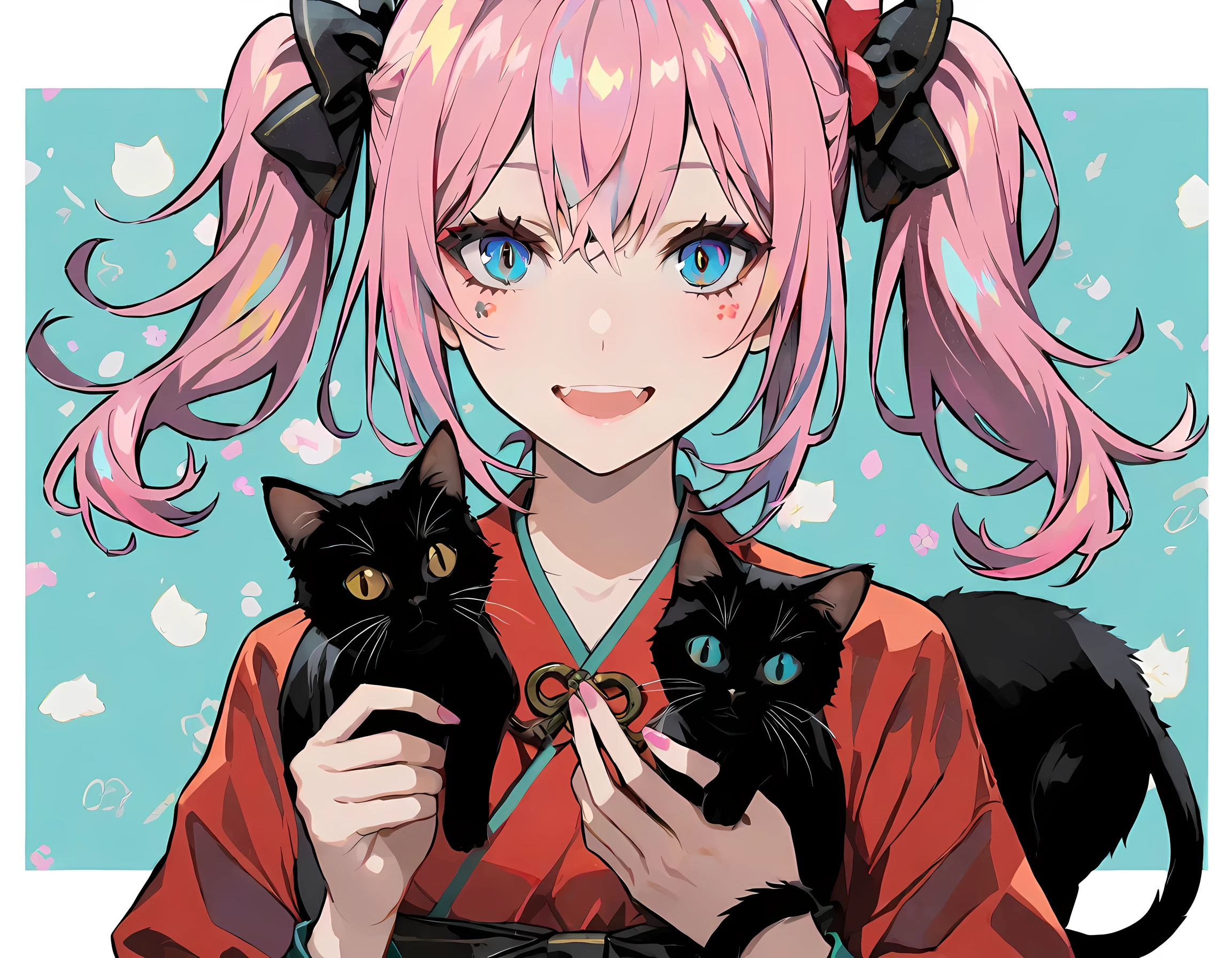 girl with cat, black cat, pink hair blue eyes, avatar