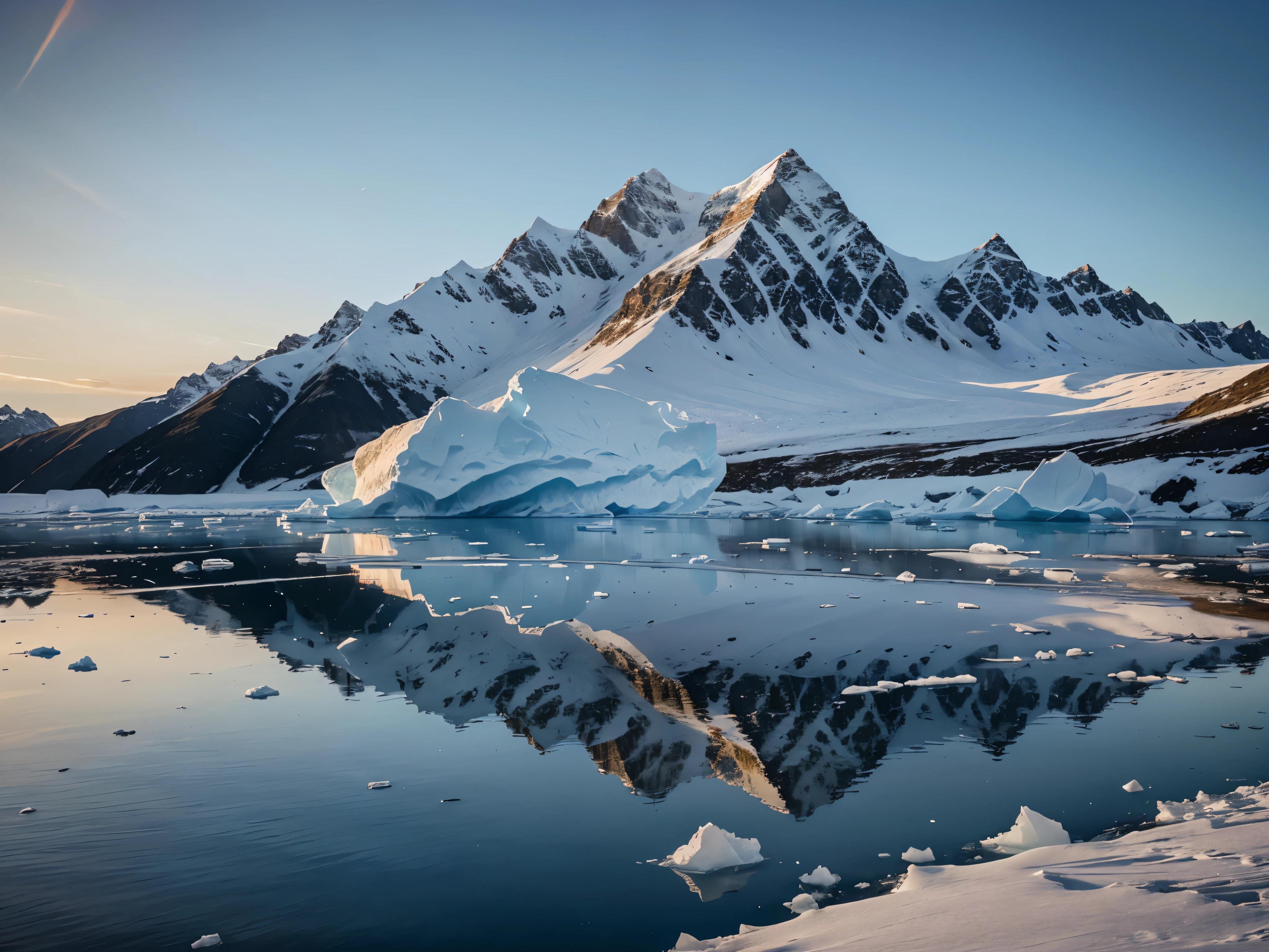 A breathtaking photorealistic cinematic landscape of a serene Antarctic scene at morning light. The image showcases massive icebergs floating in a tranquil lake, their surfaces reflecting the warm, golden light of the setting sun. The sky is filled with soft, pastel hues of pink and orange, while the surrounding snow-capped mountains create a sense of vast, untouched wilderness. The scene is rendered with incredible detail, capturing the beauty and pristine nature of the polar region.