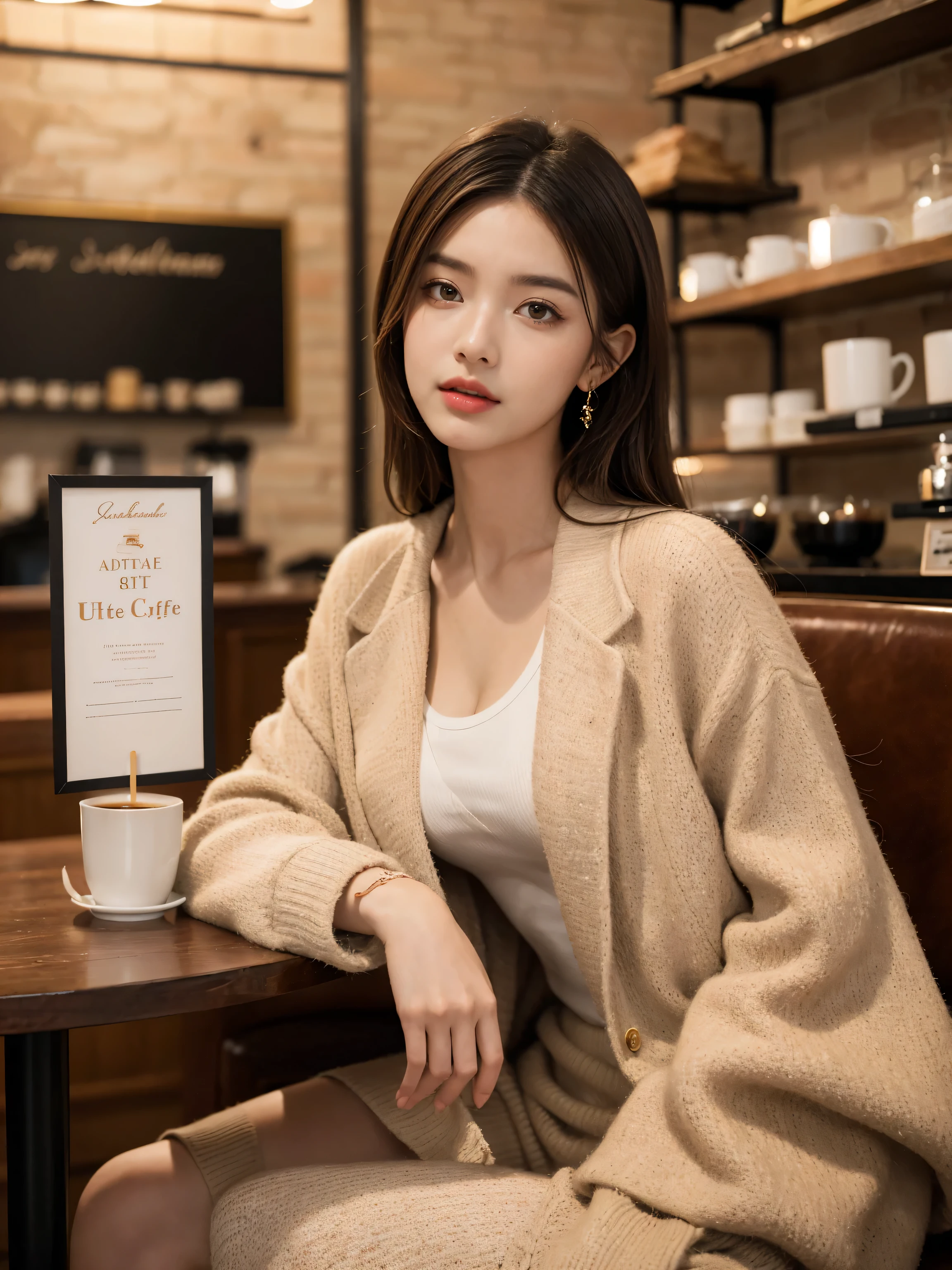 best quality,masterpiece,ultra high resolution,(actual:1.4),original photo,ultra high definition，lifelike，Surrealist 8K，1 girl，Exquisite makeup，fashionable clothes，Tasteful outfit，young and energetic，coffee shop