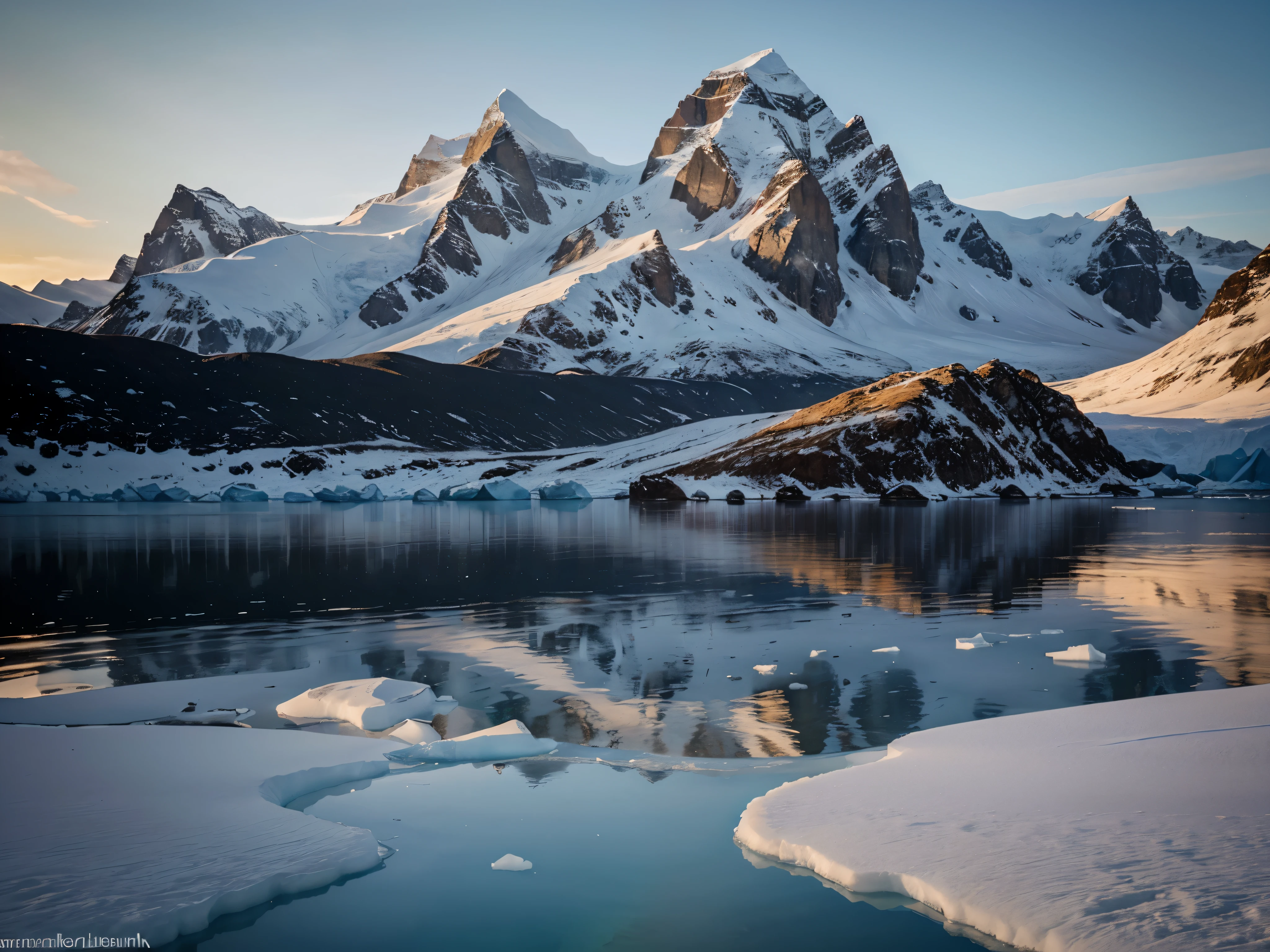 A breathtaking photorealistic cinematic landscape of a serene Antarctic scene at morning light. The image showcases massive icebergs floating in a tranquil lake, their surfaces reflecting the warm, golden light of the setting sun. The sky is filled with soft, pastel hues of pink and orange, while the surrounding snow-capped mountains create a sense of vast, untouched wilderness. The scene is rendered with incredible detail, capturing the beauty and pristine nature of the polar region.