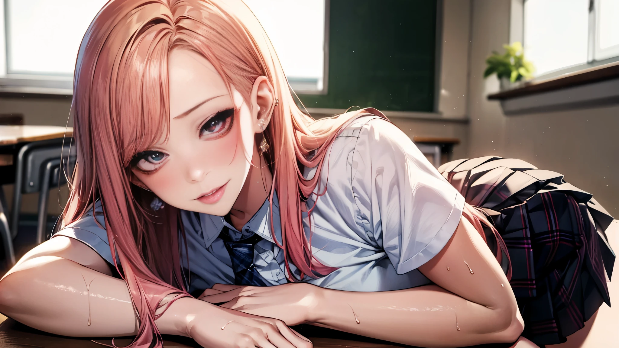 ((Best quality, 8K, Masterpiece: 1.3, 1girl, Beautiful girl)), cute, Dynamism, Detailed face, Detailed skin, detailed clothes, Detailed eyes, Detailed lips, Detailed tongue, Detailed fingers, Detailed mouth, Photorealistic, Raw photo, highres, Natural lighting, dynamic pose, perfect anatomy, toned legs, double eyelids, tear bags, round eyes, moist lips, sweaty, ((marinkitagawa, marin kitagawa)) blonde and pink hair, metal collar, ear piercing, earrings, long hair, piercing, red pupil, straight hair, swept bangs, gradient hair, school uniforms, white shirt, tie, plaid pleated skirt, ecstatic face, looking at viewer, in the classroom with sunset, ahegao, close up, masturbation, thin panties, half closed eyes