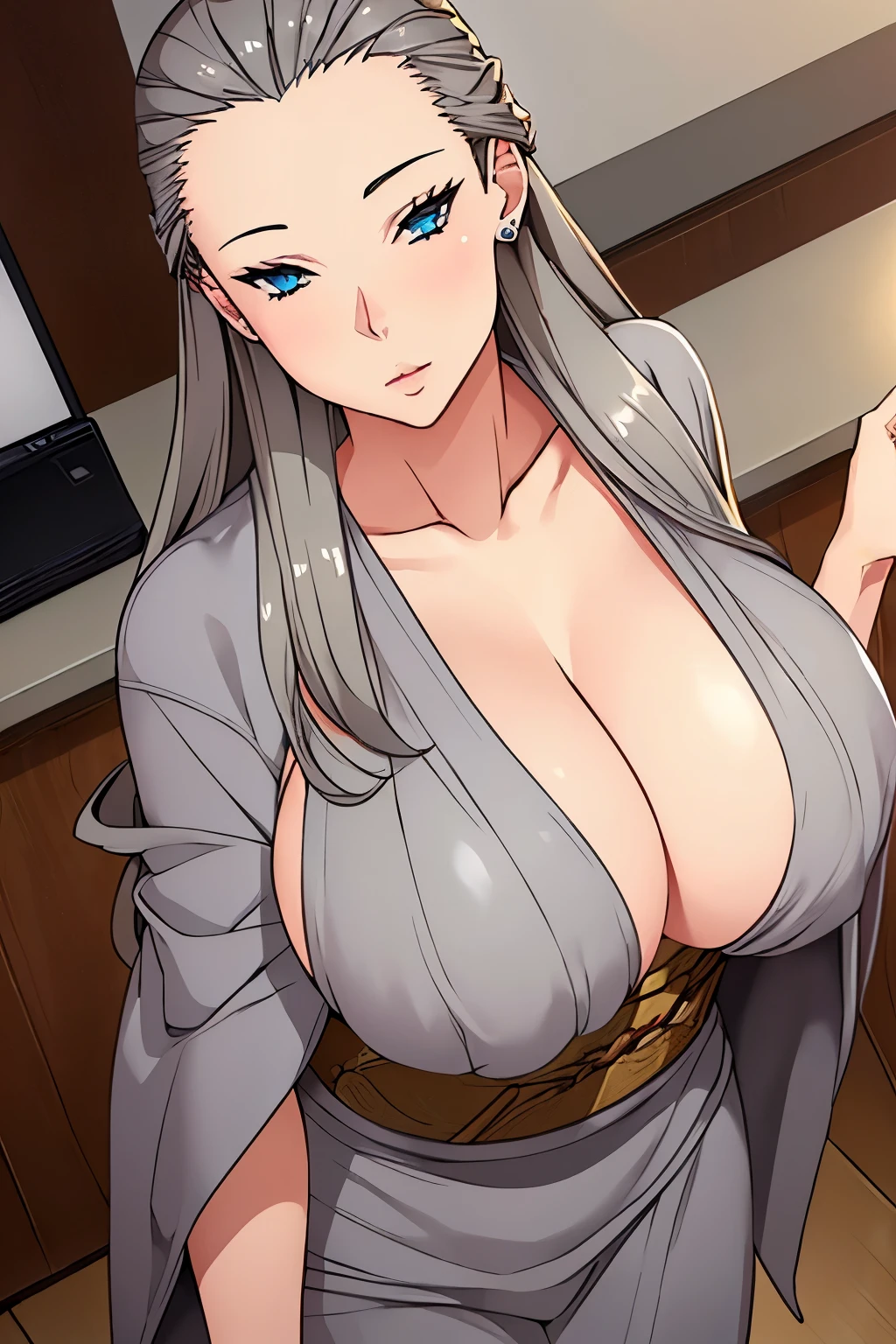 (masterpiece, best quality, detailed illustration, high resolution), ((1girl, solo)), ((huge breasts, large breasts, slim waist, long legs, fit body, toned body)), ((grey hair)), ((kimono)), ((full body, closeup view)), ((standing)), ((looking at the viewer, facing the viewer)), office setting, ((fair skin)), oiled skin, ((large breasts, mature woman, mature female, mature lady)), blue eyes, (long hair), (detailed eyes), ((standing)), (grey hair)