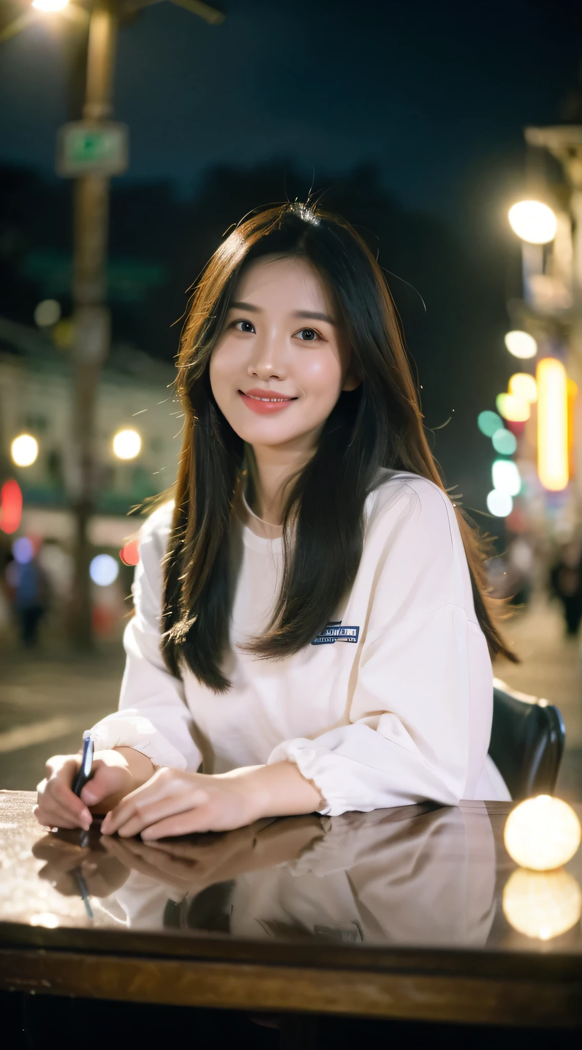 (best quality，4k，8k，high score，masterpiece: 1.2) ，Ultra-detailed，(realism，photo reality，photo reality: 1.37)a beautiful girl，wearing a windbreaker，A gentle breeze ruffles the hair，city night，masterpiece，best quality，realism: 1.3，street，cyberpunk，Sunlight，backlight，art workstation，intricate details，Sketch，city night，Hoi An，Smile，beautiful hands，beautiful hands指