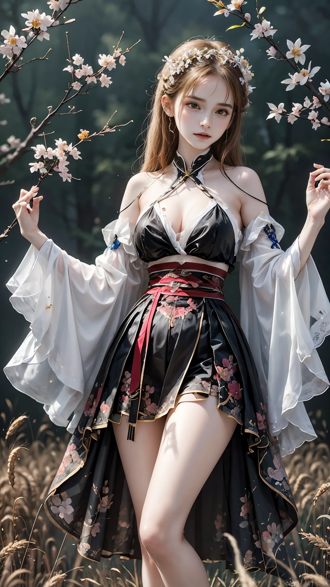 hanfu, masterpiece,best quality,high质量,high清晰度,high质量的纹理,high质量的阴影,high细节,beautiful details,fine details,Extremely detailed CG,Detailed texture,lifelike的面部表现,lifelike的,rich and colorful,exquisite,sharp focus,(intricate detailake up,PureErosFace_V1:0.5),(细节美exquisite脸,(细节美exquisite眼睛),Perfect比例的脸,highDetails of the skin,Details of the skin,Four fingers and one thumb in optimal proportions,emaciated:1.3),1 girl,,high,(光滑的abdominal muscles:1.55),(abdominal muscles:0.5),pretty,Perfect,high,((Big breasts, plump breasts, cleavage)), ((bare shoulders)), ((The skirt is short)), (long legs),(straight legs),(thin waist),((White skin)),White skin,((White skin)),(emma watson),Big breasts,((Caucasian)),light blonde hair,Stand with legs apart,looking at the audience,whole body,Portrait of cute blonde girl,((Standing in the wheat field,Look into the distance)),bloom,orange mist,sports,Wisps of hair,lifelike,high品质渲染,amazing art,high品质,film texture,Fujifilm XT3,dream