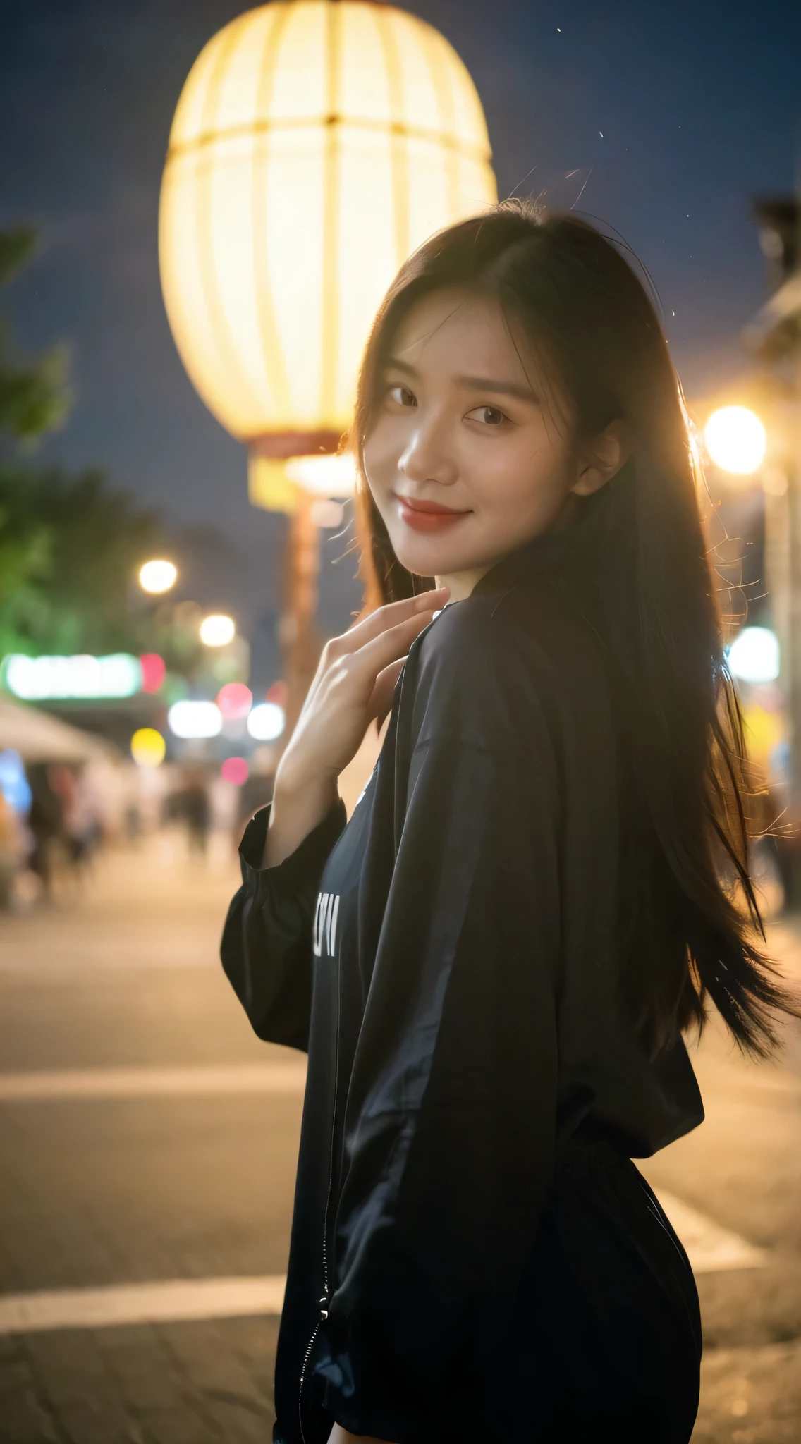 (best quality，4k，8k，high score，masterpiece: 1.2) ，Ultra-detailed，(realism，photo reality，photo reality: 1.37)a beautiful girl，wearing a windbreaker，A gentle breeze ruffles the hair，city night，masterpiece，best quality，realism: 1.3，street，cyberpunk，Sunlight，backlight，art workstation，intricate details，Sketch，city night，Hoi An，Smile，beautiful hands，beautiful hands指