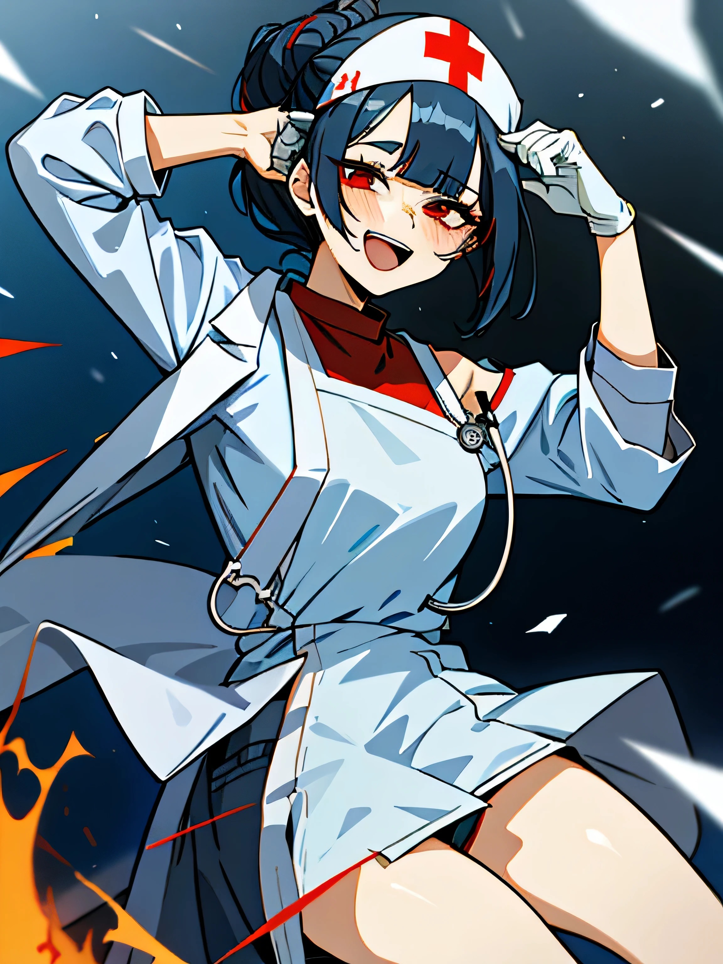 (1girl, solo:1) (masterpiece, best quality:1), ultra-detailed, dark grey hair, red eyes, tied hair, hair bun, nurse headwear, bangs, (asymmetrical fringe, uneven clothes:1.6), (lab coat, lab coat falling over one shoulder open lab coat:1.4), white apron, nurse shirt, light blue gloves, dark blue pants, black boots, drugged, open mouth, smile, (Uneven Eyes / Crazy Eyes :0.7)