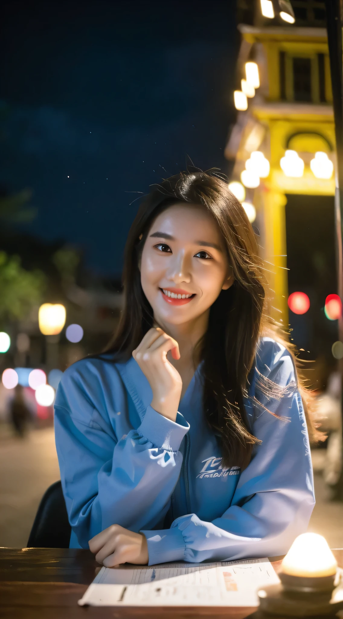 (best quality，4k，8k，high score，masterpiece: 1.2) ，Ultra-detailed，(realism，photo reality，photo reality: 1.37)a beautiful girl，wearing a windbreaker，A gentle breeze ruffles the hair，city night，masterpiece，best quality，realism: 1.3，street，cyberpunk，Sunlight，backlight，art workstation，intricate details，Sketch，city night，Hoi An，Smile，beautiful hands，beautiful hands指