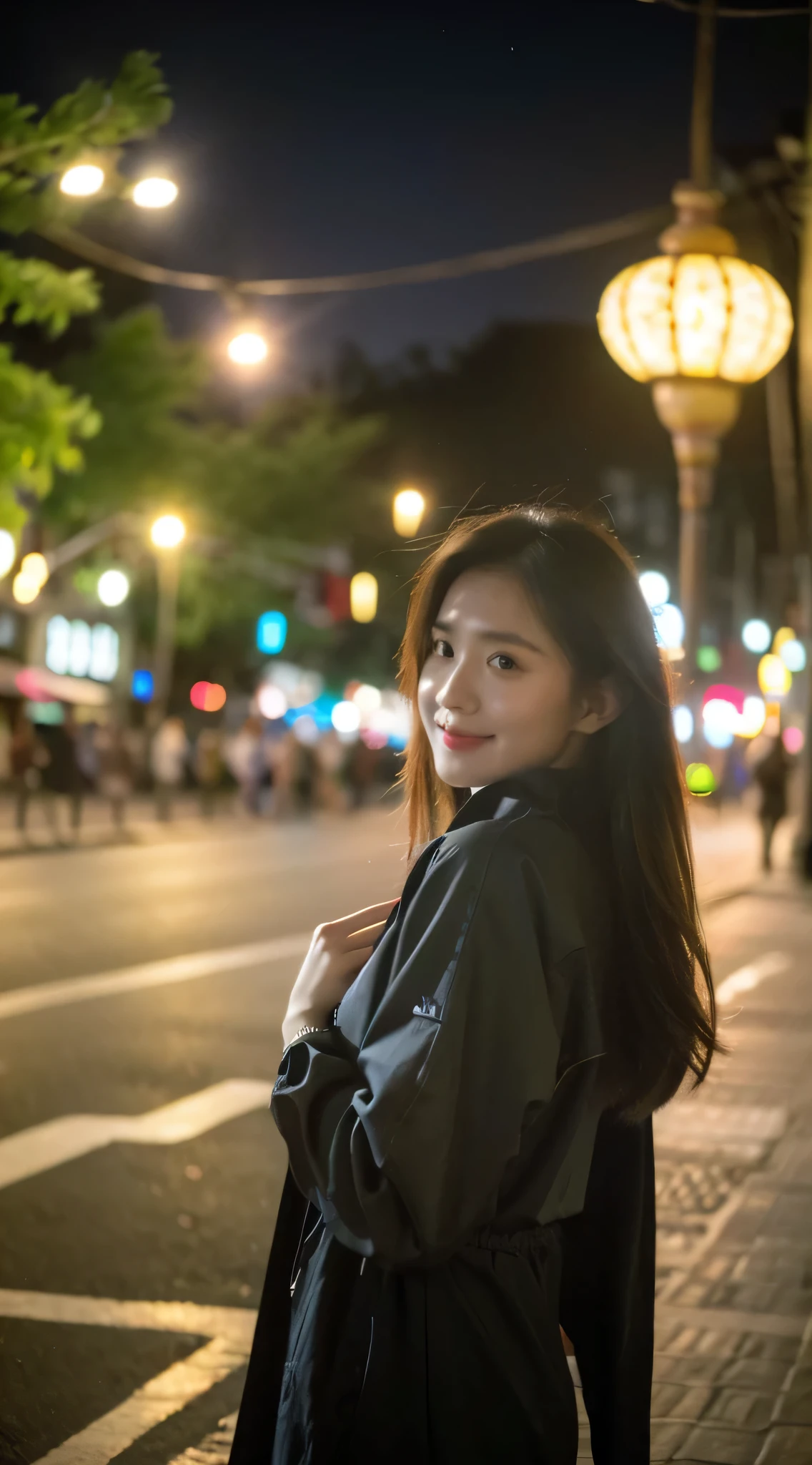 (best quality，4k，8k，high score，masterpiece: 1.2) ，Ultra-detailed，(realism，photo reality，photo reality: 1.37)a beautiful girl，wearing a windbreaker，A gentle breeze ruffles the hair，city night，masterpiece，best quality，realism: 1.3，street，cyberpunk，Sunlight，backlight，art workstation，intricate details，Sketch，city night，Hoi An，Smile，beautiful hands，beautiful hands指