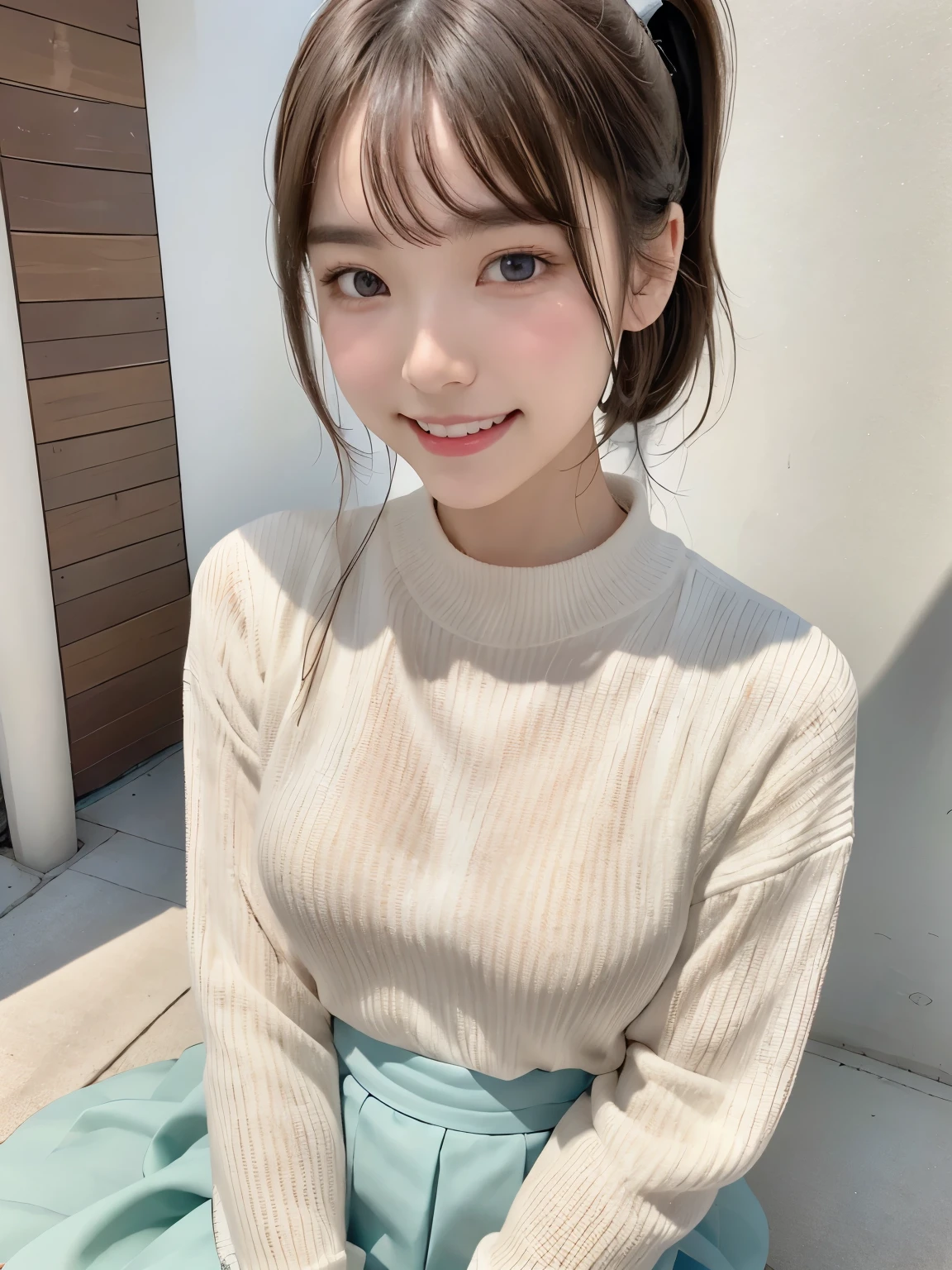 highest quality、8K、ultra high resolution、Super detailed face and eyes、Highly detailed face and skin texture、glowing skin、shiny skin、master piece:1.3、1 girl、super detail face、delicate eyes、double eyelid、full shot、short ponytail、20-year-old、brown hair、smile、embarrassed、long sleeve、skirt、full body angle、In town