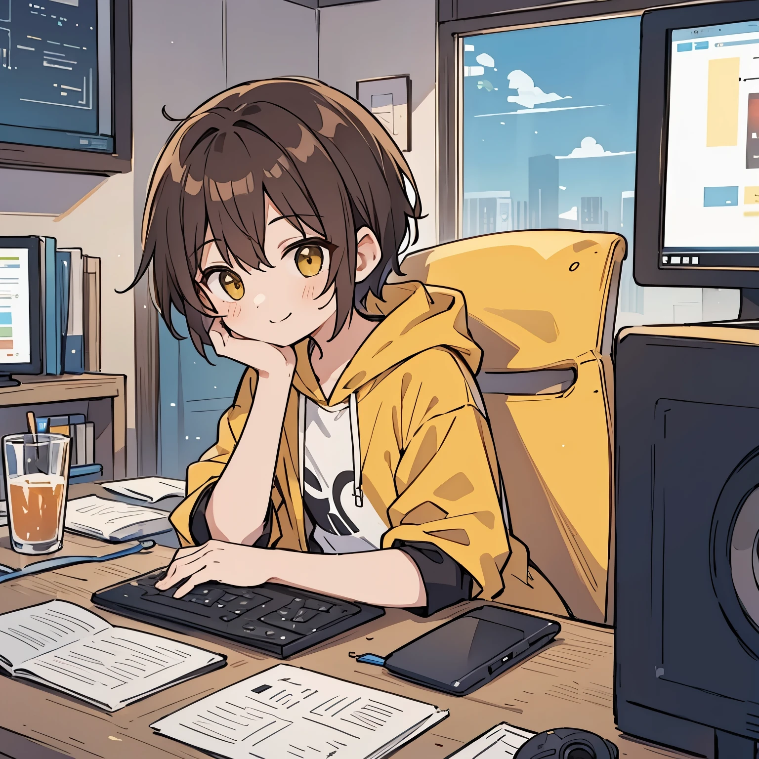 A boy with short hair a color between brown and yellow、smile、black hoodie and white t-shirt、((Touching a computer))
