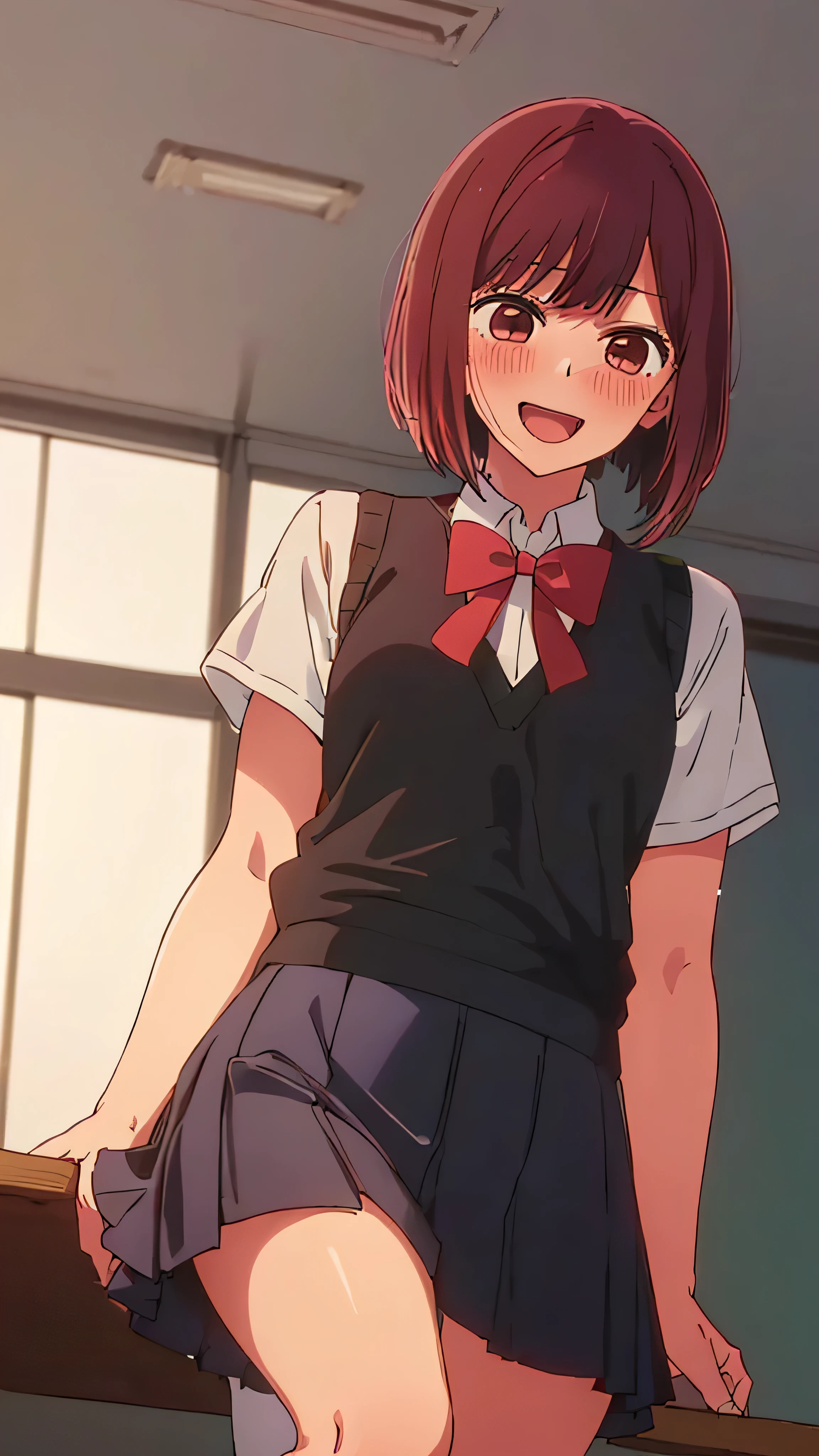 (((anime style,Arima maybe,1 person,uniform,classroom,blush,laughter,touch))),((shot from below,,red ribbon,black sweater vest,black knee socks,,erotic underwear,,roll up the skirt,shot from below))