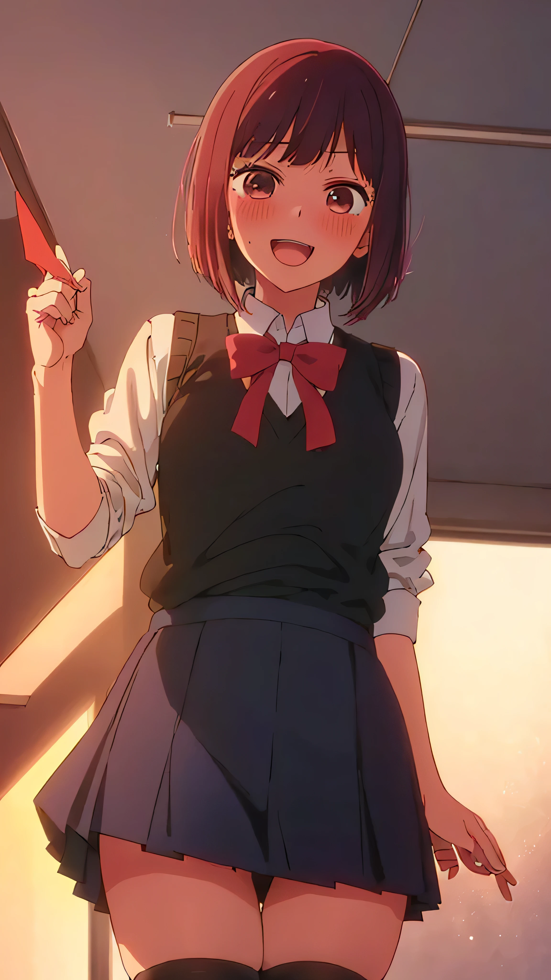 (((anime style,Arima maybe,1 person,uniform,classroom,blush,laughter,touch))),((shot from below,,red ribbon,black sweater vest,black knee socks,,erotic underwear,,roll up the skirt,shot from below))
