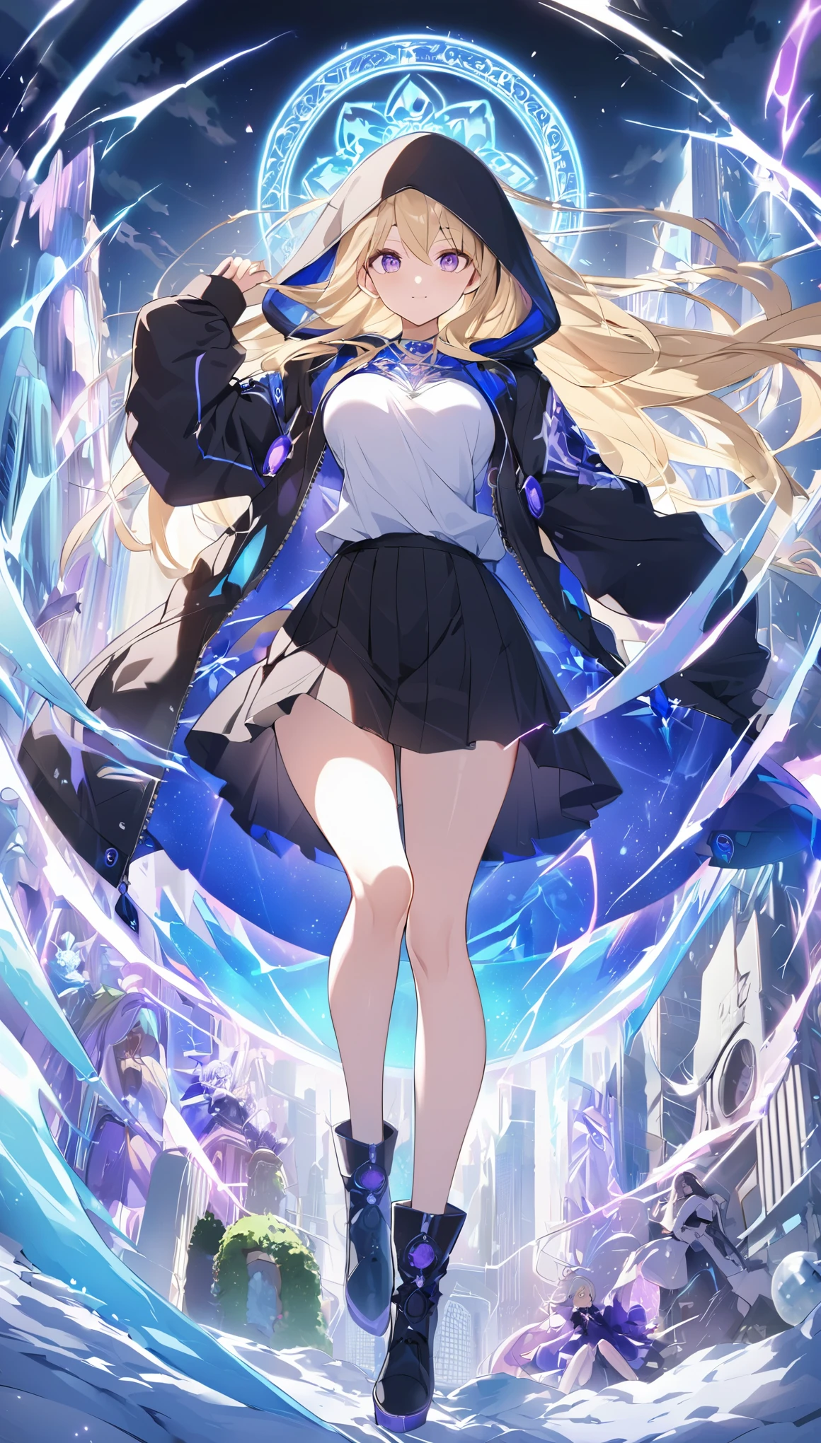 Fair skin 17 years old high school student blonde purple eyes wave long girl cute black jacket(Plain color) black hood (open zipper) black skirt(Length to knee) white shirt black boots clear beautiful feet Alone ice魔法 blizzard 突Wind ice thunder flash electricity cool blue plasma Frozen ground iceの花 Different world magic circle(shine) Rainbow-colored cyber city ice魔法 thunder魔法 落thunder Awake front clean hands High-speed movement eyes shine future world Wind 170㎝ 6 blades tall big breasts big ass shine目 long legs