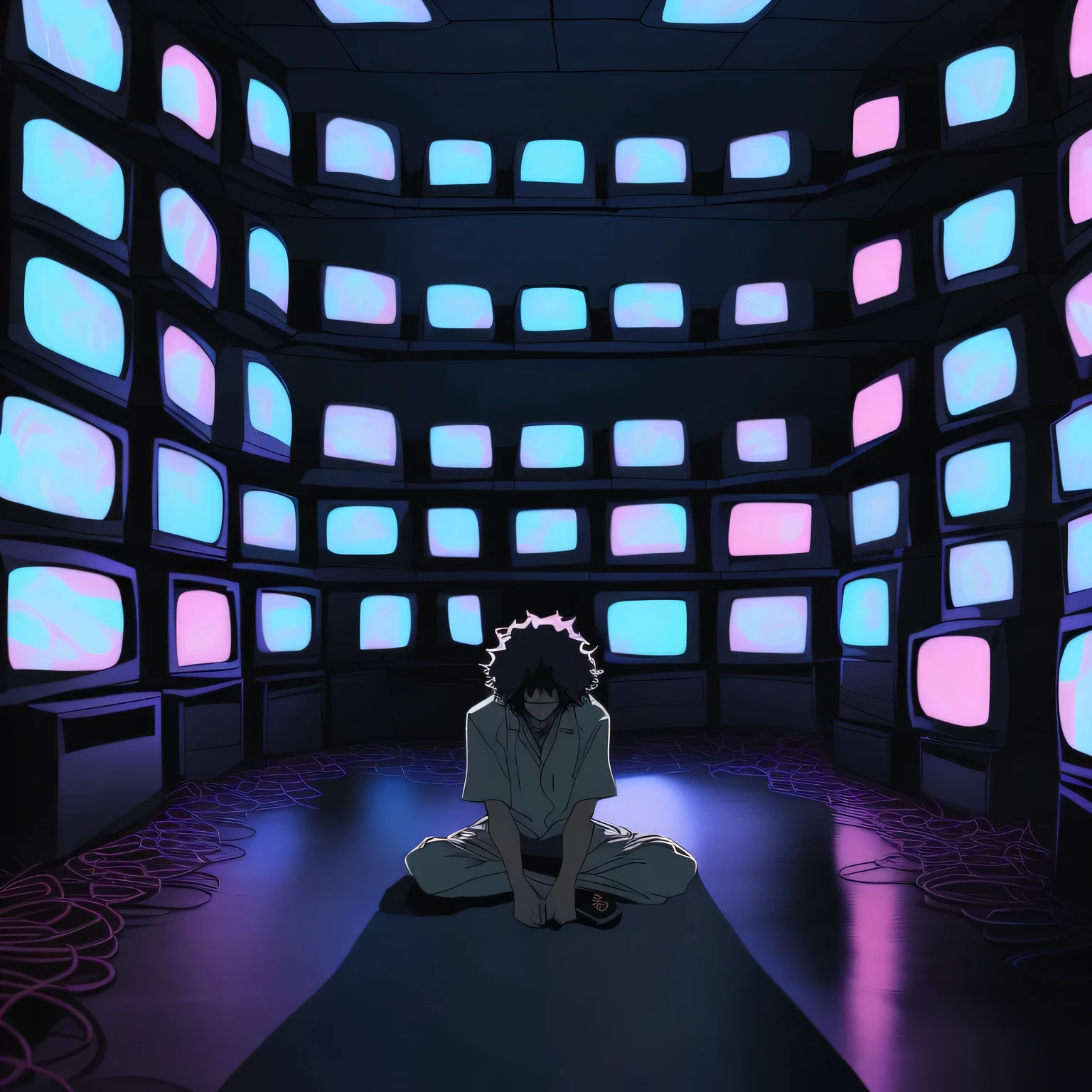 A man with long curly hair lying on his knees, crying in a dark room with several televisions on. The man has no visible face, adding an air of mystery to the scene. The hair is depicted with intricate details, showcasing its curly texture. The room is dimly lit, creating a tense atmosphere. The walls are adorned with vibrant psychedelic patterns, reminiscent of the 80s anime aesthetic. The televisions are displaying distorted and abstract images, adding to the dreamy and surreal quality of the scene. The overall color palette is dark and moody, with deep shades of purples, blues, and blacks. The lighting in the room is minimal, casting eerie shadows. The art style is inspired by anime, with exaggerated and expressive features.