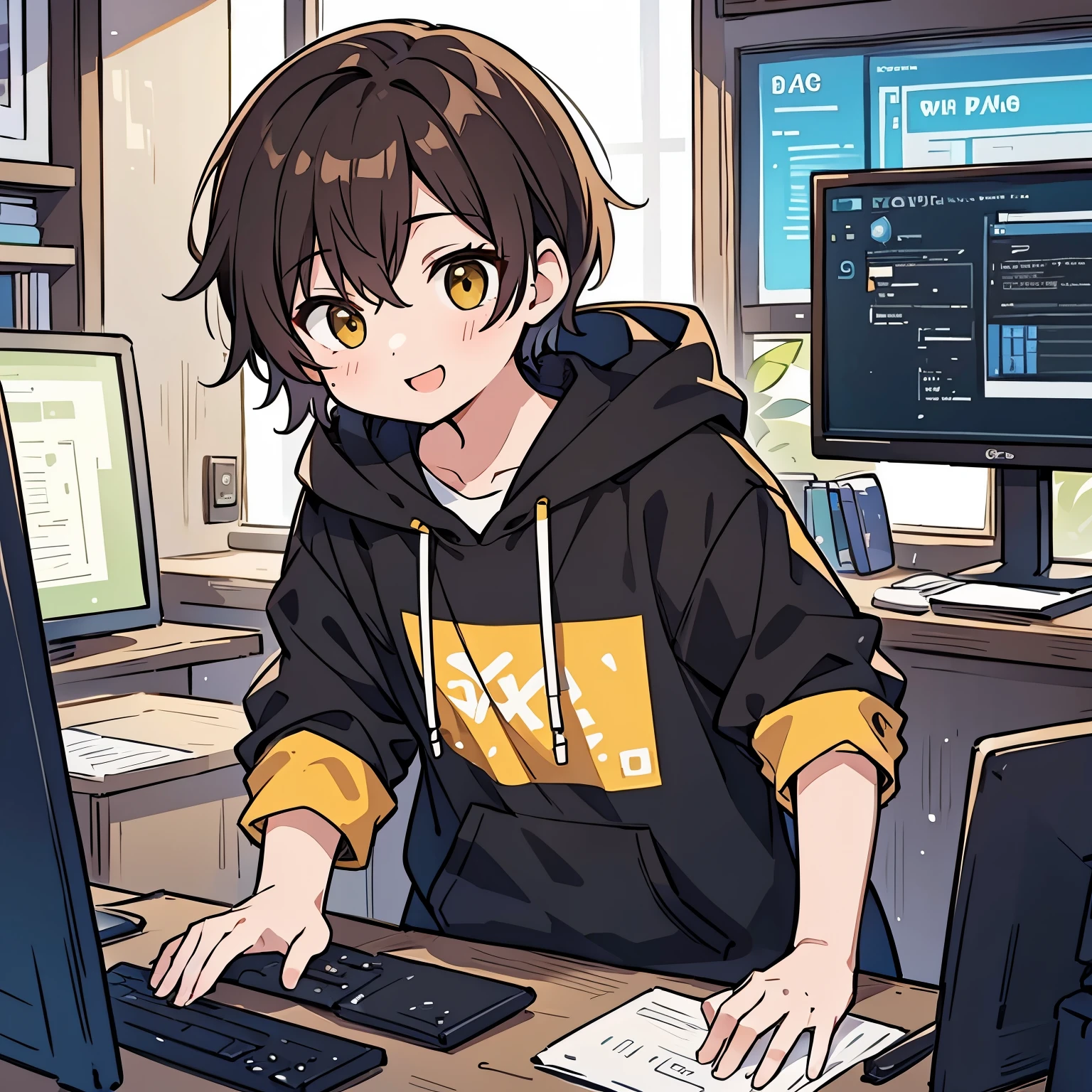 A boy with short hair a color between brown and yellow、smile、black hoodie and white t-shirt、((Touching a computer))