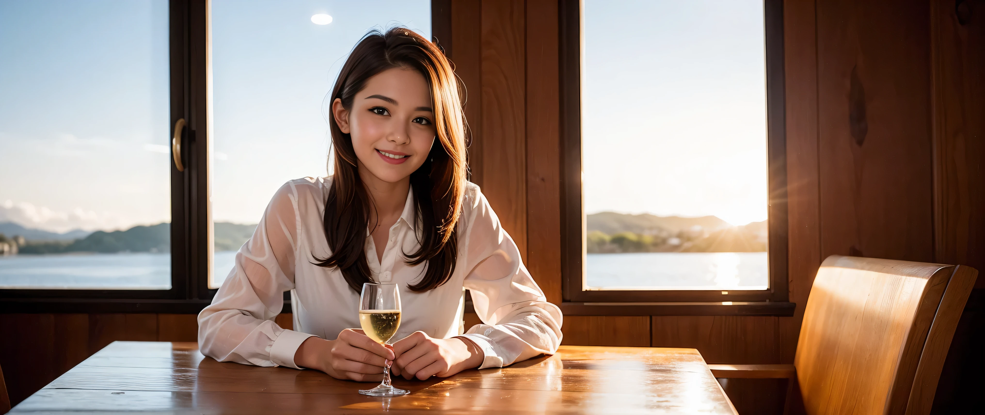 K, Hmm, highest quality, masterpiece: 1.2), (realistic, photorealistic: 1.37), Spectacular view of the sunset sky and clouds、Amazing mountain views、3 slim beauties, (slim face),Happy、 the best smile、Fox face、Berry Short、(because I'thin), (brown hair), (shortcut), long sleeve shirt、winter fashion、Colombian、Brazilian、Japanese、Dutch、German、Portuguese、Belgian、Italian、French,Champagne、sparkling wine、 (Squirting), (slim body), (brown hair), (shortcut), neat beauty、cheeks turn a little red, (35 years old), 38 years old, alone, A beautiful and detailed night view spreads out outside the window......, restaurant, wine glass is sitting, At night, in a prominent place (from the Upper body) nova frog style, actress, model, Upper body, White wine, slim, wine glass, Very beautiful night view, wine glass Put in the Middle, Happy smile, (smile: 1.15),