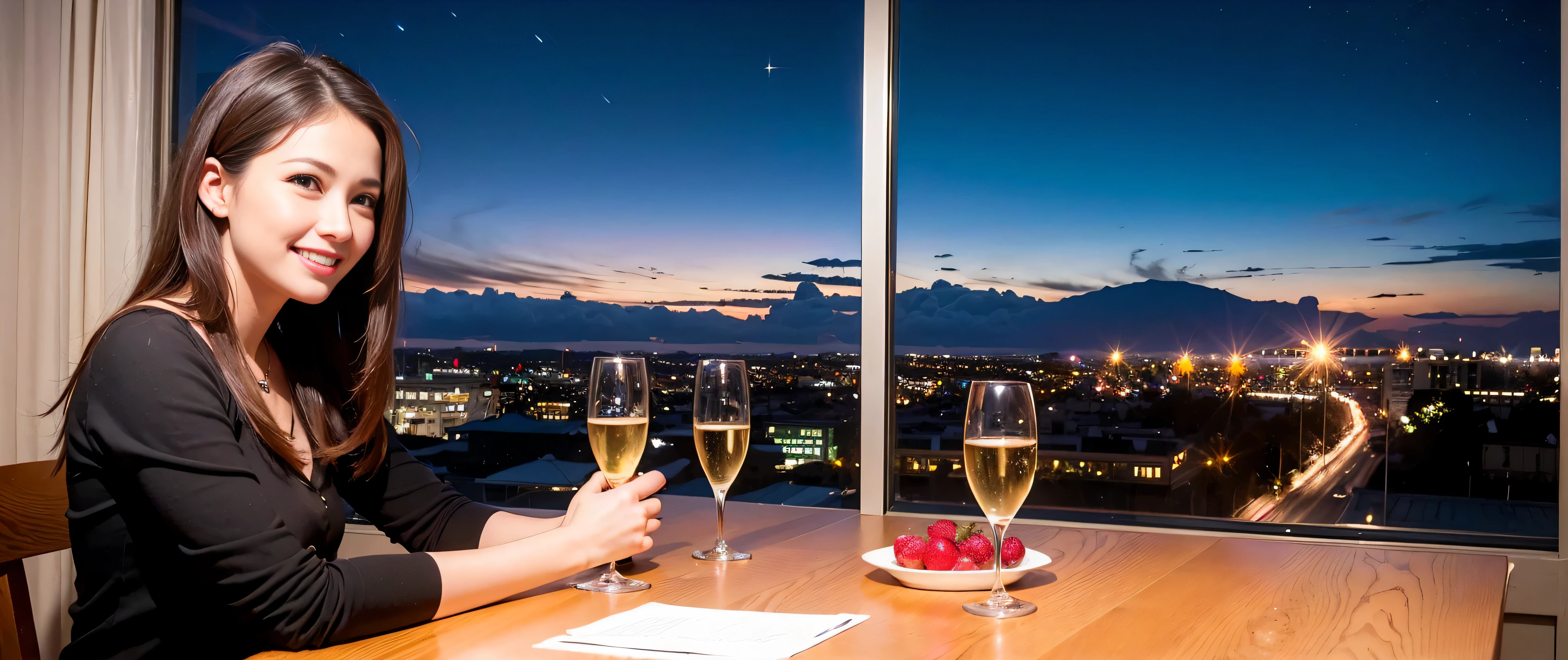 K, Hmm, highest quality, masterpiece: 1.2), (realistic, photorealistic: 1.37), Spectacular view of the sunset sky and clouds、Amazing mountain views、3 slim beauties, (slim face),Happy、 the best smile、Fox face、Berry Short、(because I&#39;thin), (brown hair), (shortcut), long sleeve shirt、winter fashion、Colombian、Brazilian、Japanese、Dutch、German、Portuguese、Belgian、Italian、French,Champagne、sparkling wine、 (Squirting), (slim body), (brown hair), (shortcut), neat beauty、cheeks turn a little red, (35 years old), 38 years old, alone, A beautiful and detailed night view spreads out outside the window......, restaurant, wine glass is sitting, At night, in a prominent place (from the Upper body) nova frog style, actress, model, Upper body, White wine, slim, wine glass, Very beautiful night view, wine glass Put in the Middle, Happy smile, (smile: 1.15), 
