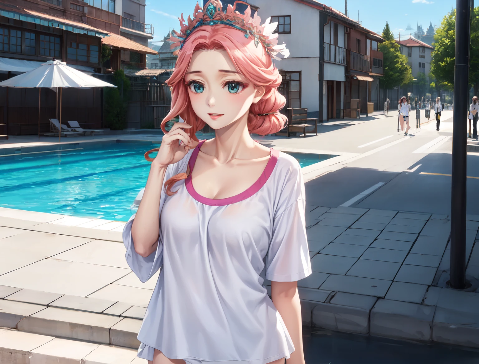 Breasts are G cup、No headdress、hair is pink、solo shot、school swimwear