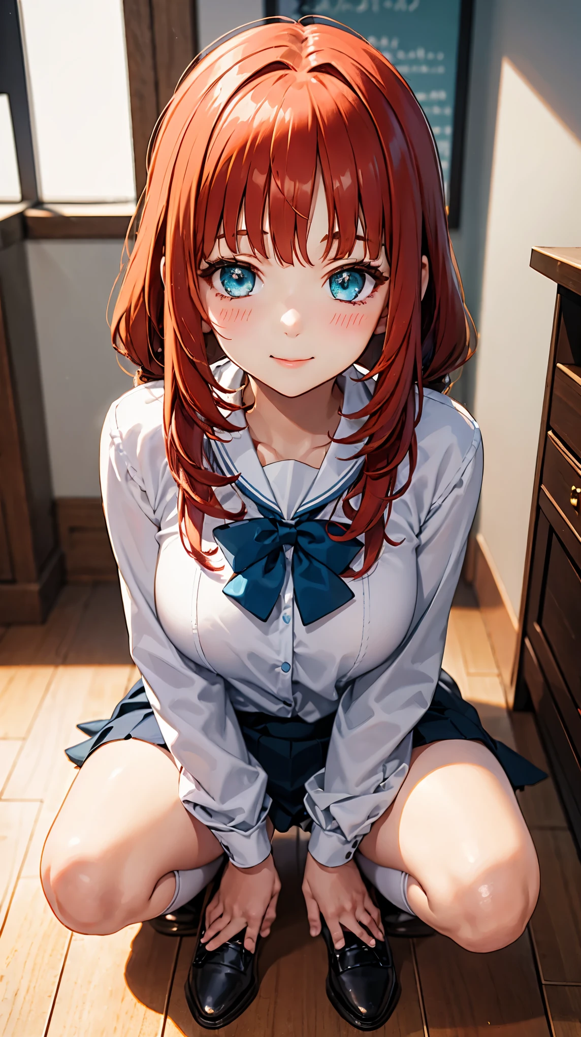 1girl, 3d beautiful girl, red hair girl, braided hair, young sweet girl, teen girl, 14 years old girl, medium breast, medium butt, wearing black japanese , wearing white socks, wearing black shoes, sitting on floor, writing on a book, cute face expression, sweet smile, blushing, close up view, front view, looking at camera, 4k, ultra sharp quality, great shadow quality imaging, realistic tecsture