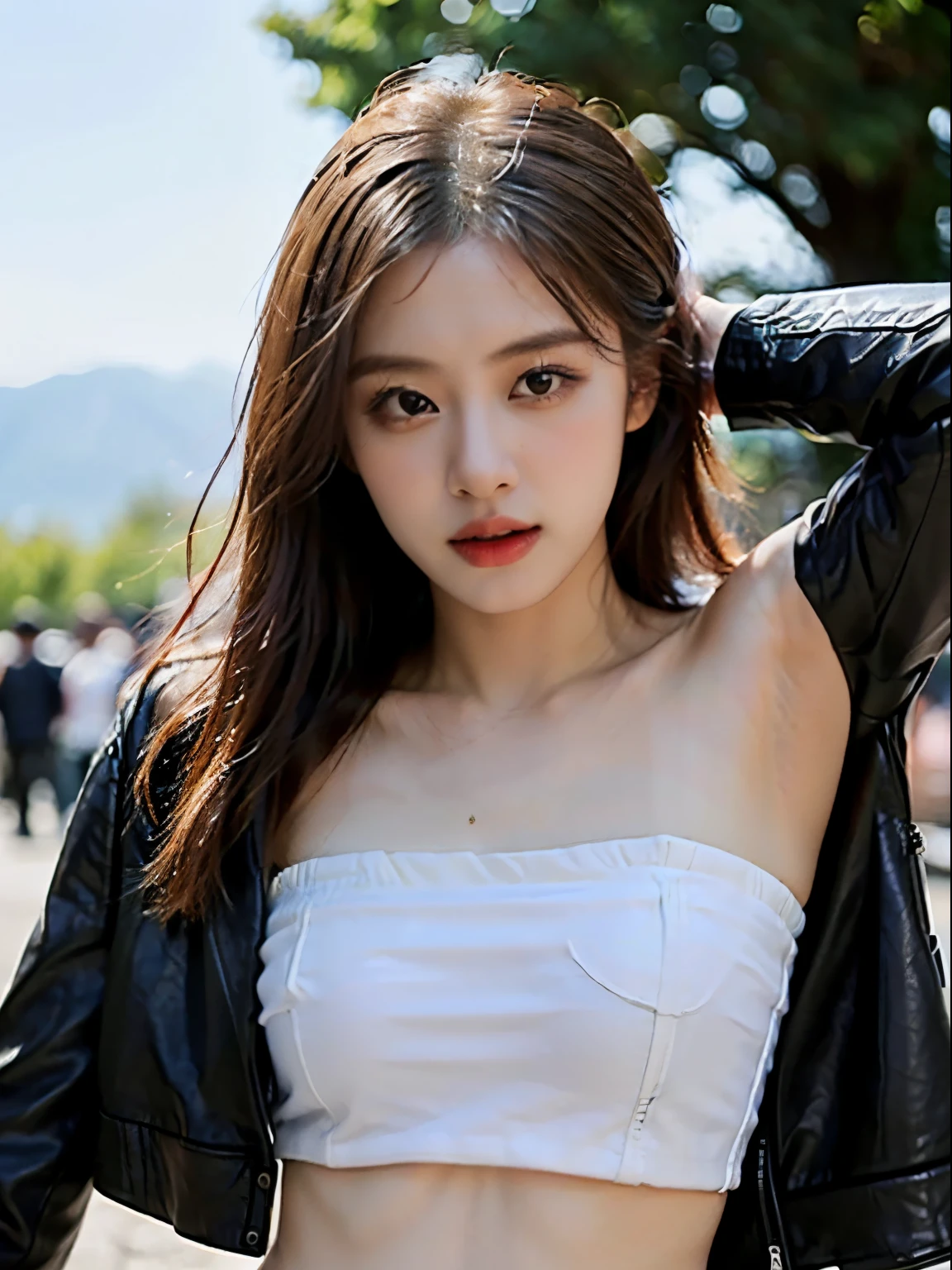 (​masterpiece:1.2), 8k,(ultra-realsitic:1.37), in public park, f=1.8, daytime, blurred background, Korean porn actress, (pose open jacket to show armpit:1.5), face lights, Detailed face, (seductive face:1.5), (a black faux leather jacket over white strapless sports top:1.5)
