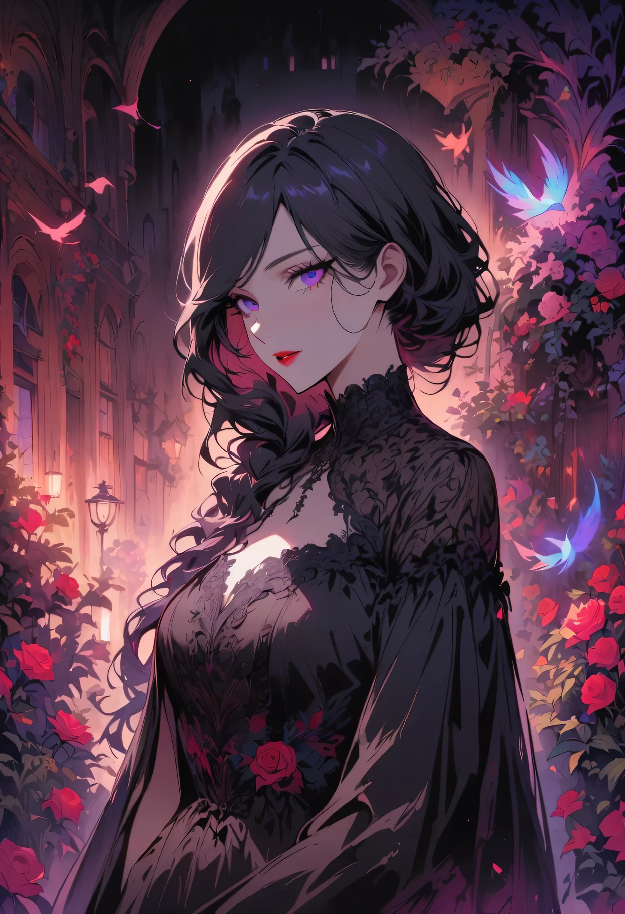 (dark atmosphere,Goethe fashion,bright colors),(best quality,Super exquisite,),Sexy goth elf girl,rose garden at night,beautiful and delicate eyes,Blue tip black straight ponytail,Crow feathers,red lipstick,mysterious smile,Pale complexion,fishnet stockings,black lace dress,Pointed Trophy Halo,The moonlight reflects her elegant silhouette,Soft shadows and soft highlights,Contrasting colors create a vibrant atmosphere,Dark and moody color palette,Subtle yet dramatic lighting effects,Sublime darkness intertwined with exquisite moonlight