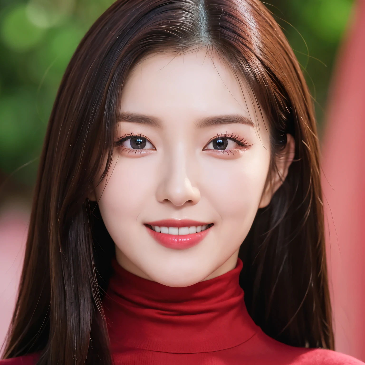 (highest quality、table top、8K、best image quality、Award-winning work)、one beautiful woman、25 years old、(Fixed front configuration:1.1)、(Photo from the front、from the chest up:1.1)、(big and full breasts:1.1)、(emphasize body line:1.1)、(Perfect dark red turtleneck tight knit sweater:1.3)、(upper body photo:1.1)、look at me and smile、(strongly blurred natural park background:1.1)、droopy eyes、natural makeup、With bangs、long hair、Ultra high definition beauty face、(Super high resolution perfect beautiful teeth:1.1)、ultra high definition hair、Super high-definition sparkling eyes、Super high resolution glossy lips、accurate anatomy、(very bright and vivid:1.3)