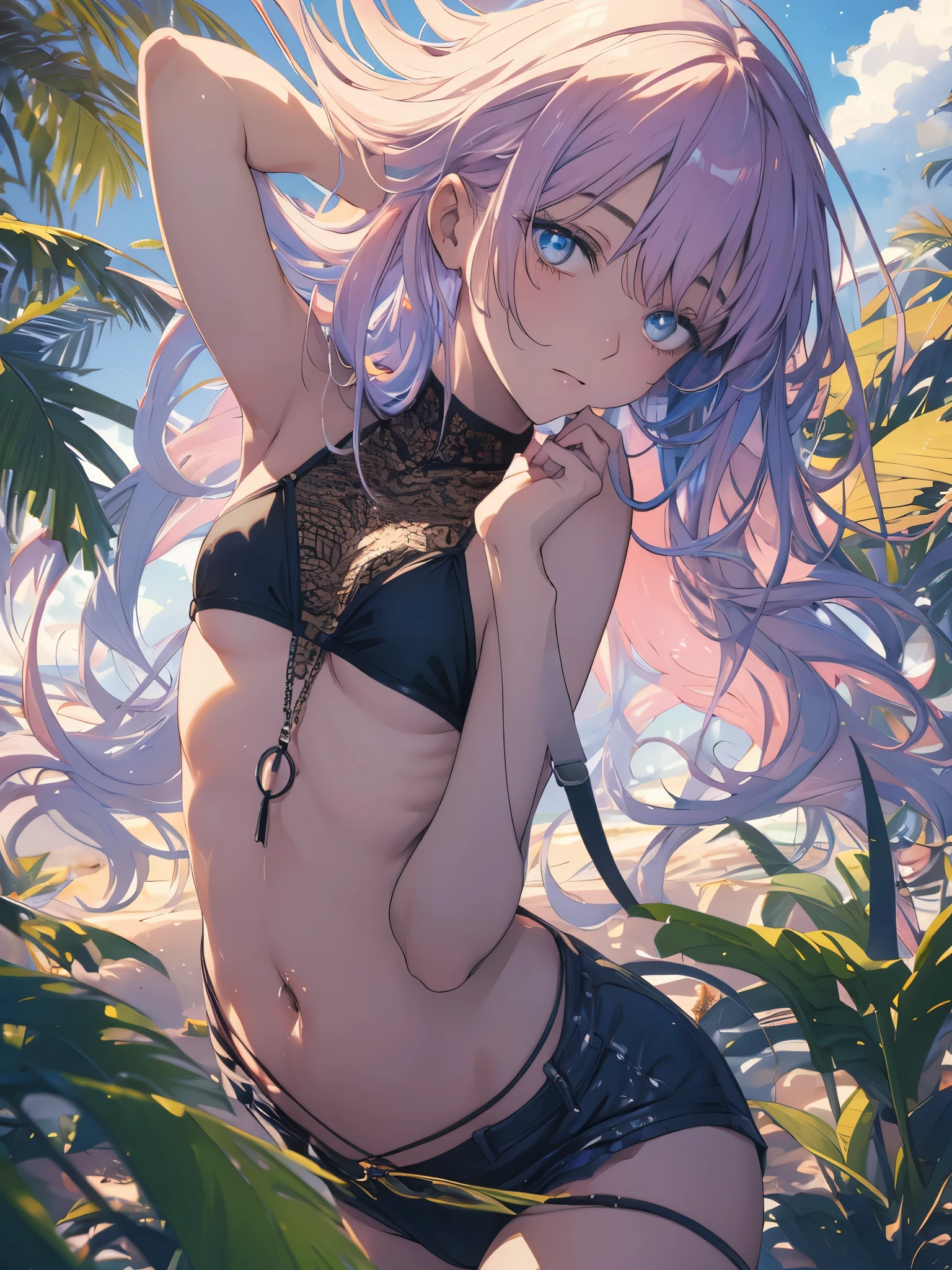 White off-the-shoulder bikini on the beach in Palau(Bikini without shoulder straps、No shoulder strap、show your shoulders)surreal japanese portrait,Works that influenced Antonio Lopez'technology, close the zipper, Ron Mueck, Richard Estes, and Marilyn Minter、Purple and blue gradation eyes wrapped in the mystery of the universe,(string bikini:1.2)、perfect lighting, (perfect hands, perfect anatomy)、whole body(1:2)、that'that'the wind is strong、outstanding style,Complete body balance、dynamic acid pose(1:2)、(16:Existence specialized in aspect ratio 9),sunglasses、boots sandals