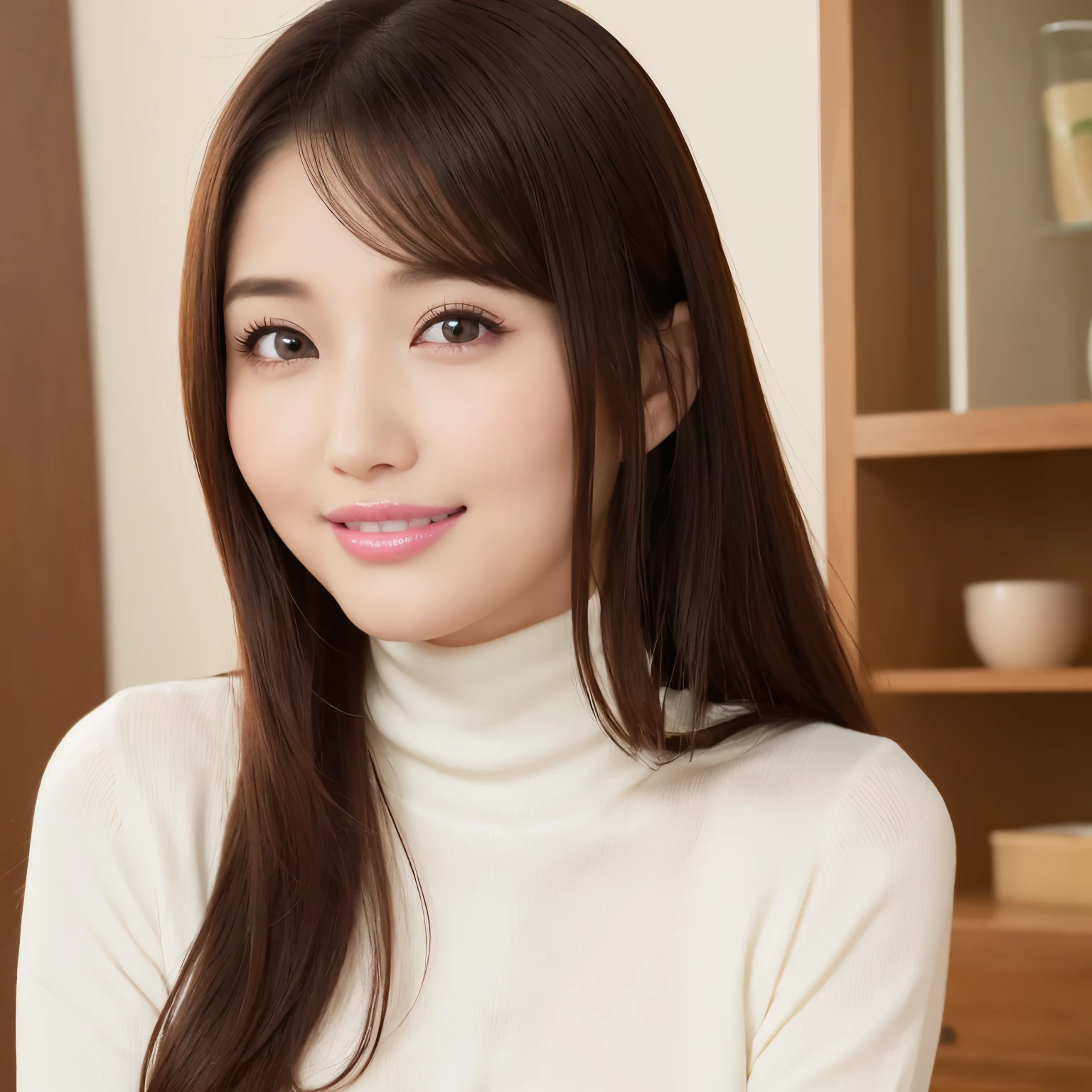 (highest quality、table top、8K、best image quality、Award-winning work)、one beautiful woman、25 years old、(Fixed front configuration:1.1)、(Photo from the front、from the chest up:1.1)、(big and full breasts:1.1)、(emphasize body line:1.1)、(Perfect dark red turtleneck tight knit sweater:1.3)、(upper body photo:1.1)、look at me and smile、(strongly blurred natural park background:1.1)、droopy eyes、natural makeup、With bangs、long hair、Ultra high definition beauty face、(Super high resolution perfect beautiful teeth:1.1)、ultra high definition hair、Super high-definition sparkling eyes、Super high resolution glossy lips、accurate anatomy、(very bright and vivid:1.3)