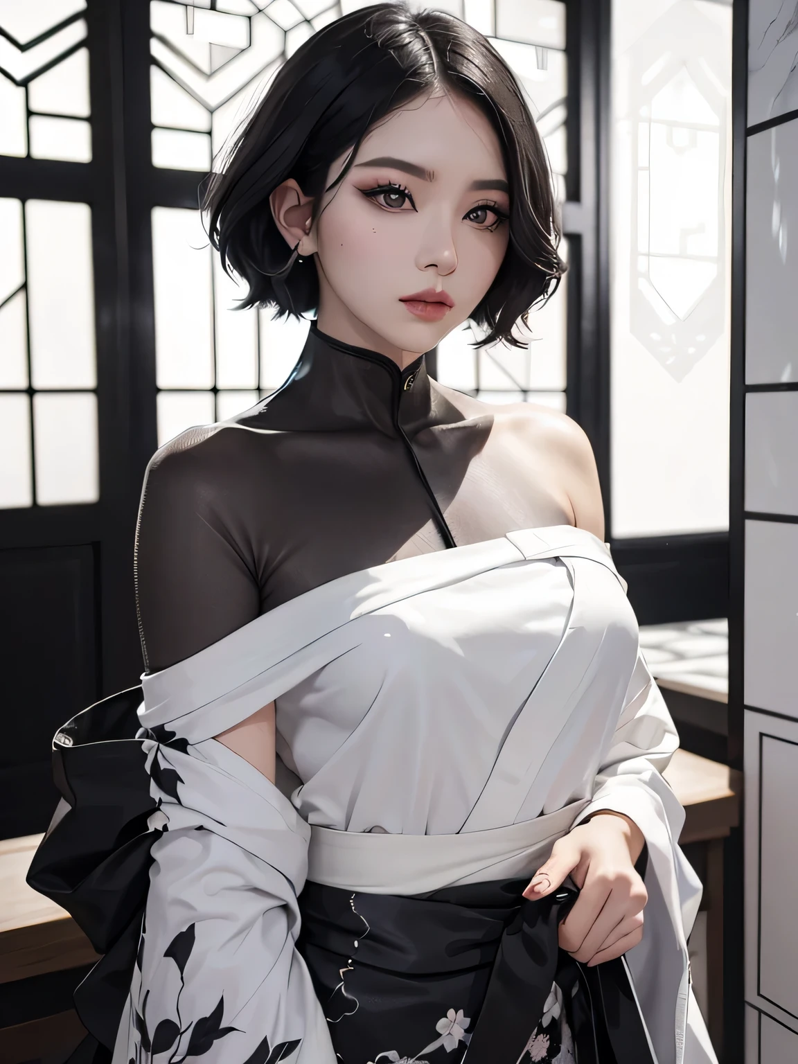 White marble pattern kimono、Black eyeliner and black eyeshadow、A detailed face、detailed facial expression、Shoot from the waist up、Dynamic Posing、Fancy makeup、See-through stall、Platinum Color Hair、short-hair、Show shoulders、Shoulder out、