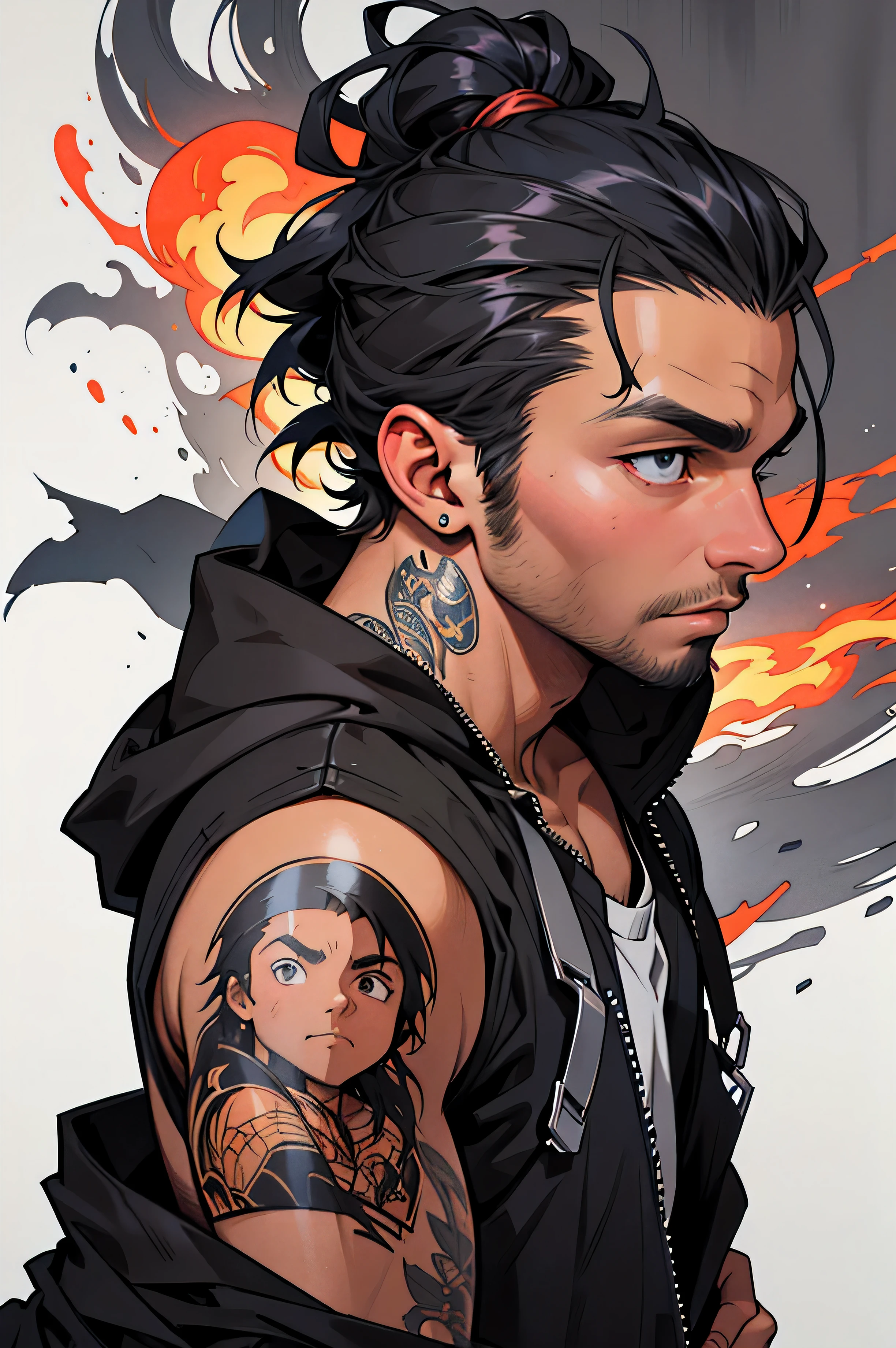 hombre delgado, barba perfectamente recortada, pelo largo en corte ninja con trenzas , black hair color at the roots. con tatuajes en los 2 hombros pecho y pierna derecha, ropa estilo urbano playera en color blanca y una negra arriba de la blanca, pantalon denim negro ecko, botas timberland en color crema, 1.65 estatura. (rapero) (estilo urbano) (animado) ((estilo anime)) graffiti secret spirit art death painting 30% de cibor futurista, humano ft robot futurista, hero soldier, hombre rapero ninja futurista.(((High Definition, 4k, Real))) (8K) ultra definido. Mystical Magic (cuerpo completo)full body skinny fire spirit. qui azul, de pie cuerpo de pie.